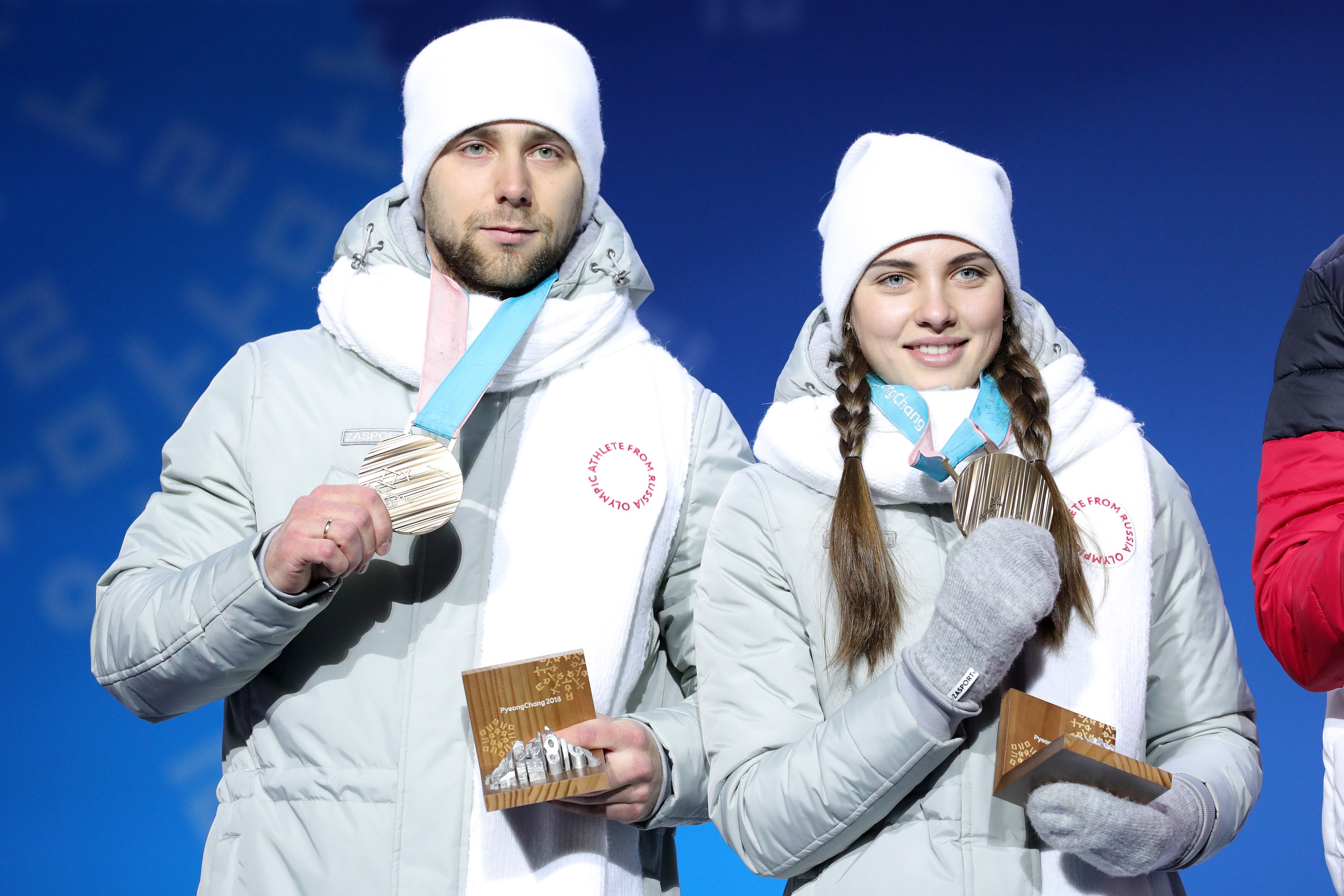 Bronze medalists Aleksandr Krushelnitckii and Anastasia Bryzgalova of Olympic Athletes from Russia pose during the medal ceremony for Curling Mixed Doubles on day five of the PyeongChang 2018 Winter Olympics at Medal Plaza on February 14, 2018 in Pyeongch