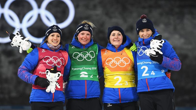 Anais Chevalier, Marie Dorin Habert, Justine Braisaz et Anaïs Bescond lors des JO de Pyeongchang