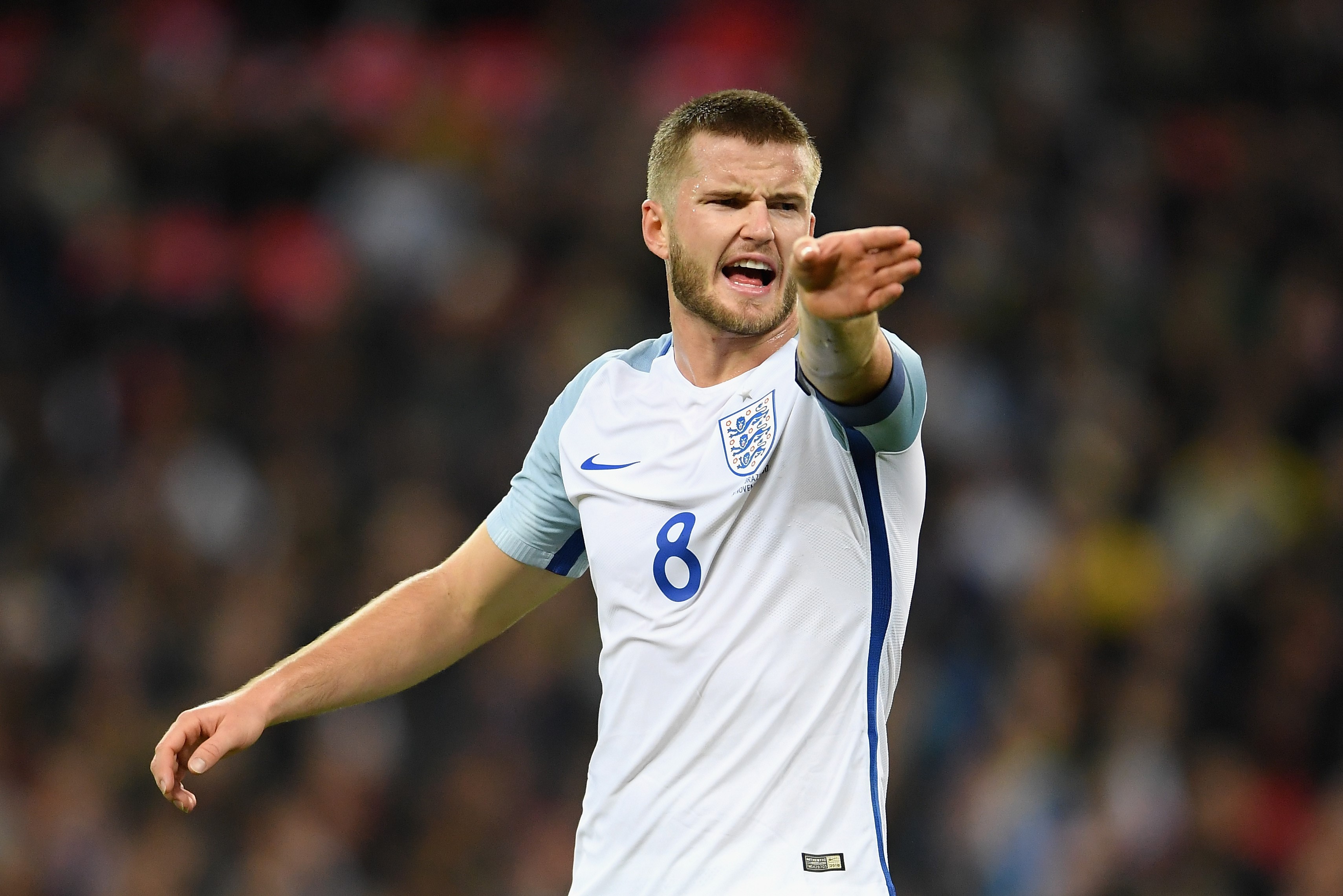 Eric Dier of England gives his team instructions during the international friendly match between England and Brazil at Wembley Stadium