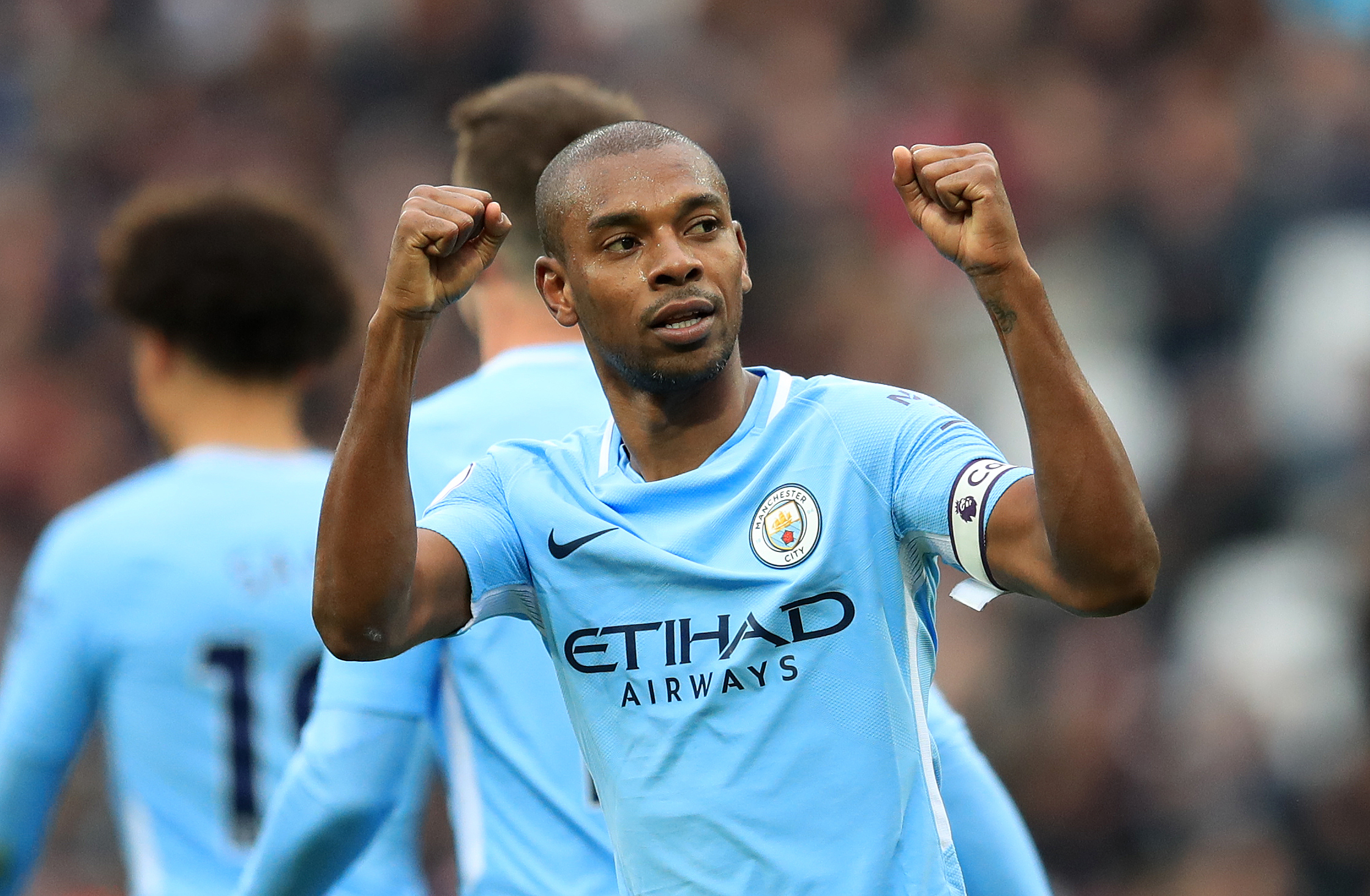 Manchester City’s Fernandinho celebrates scoring his side’s fourth goal of the game during the Premier League match at The London Stadium, London.