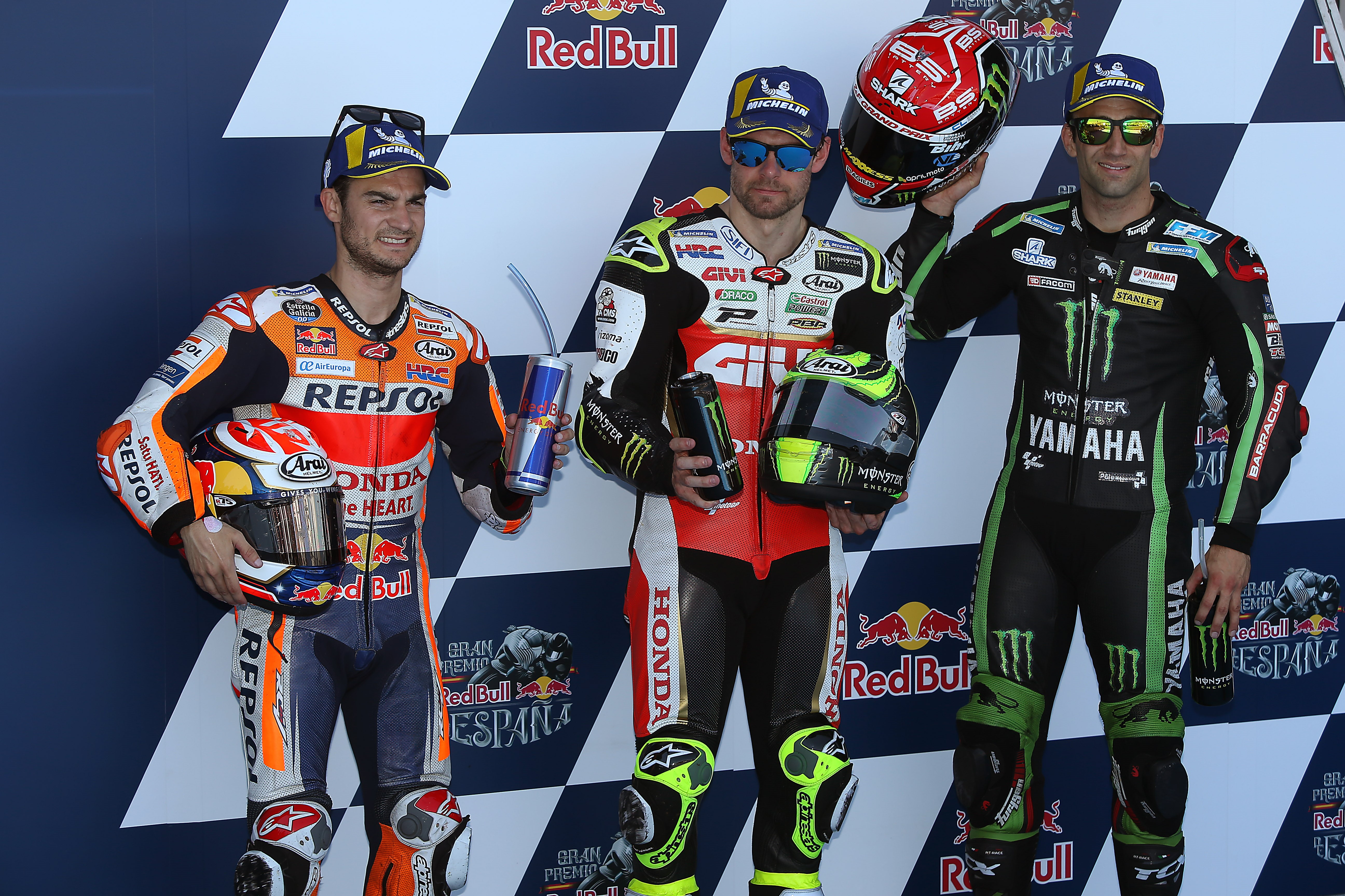 Cal Crutchlow (Honda LCR), Dani Pedrosa (Honda HRC) et Johann Zarco (Yamaha Tech3) au Grand Prix d'Espagne 2018