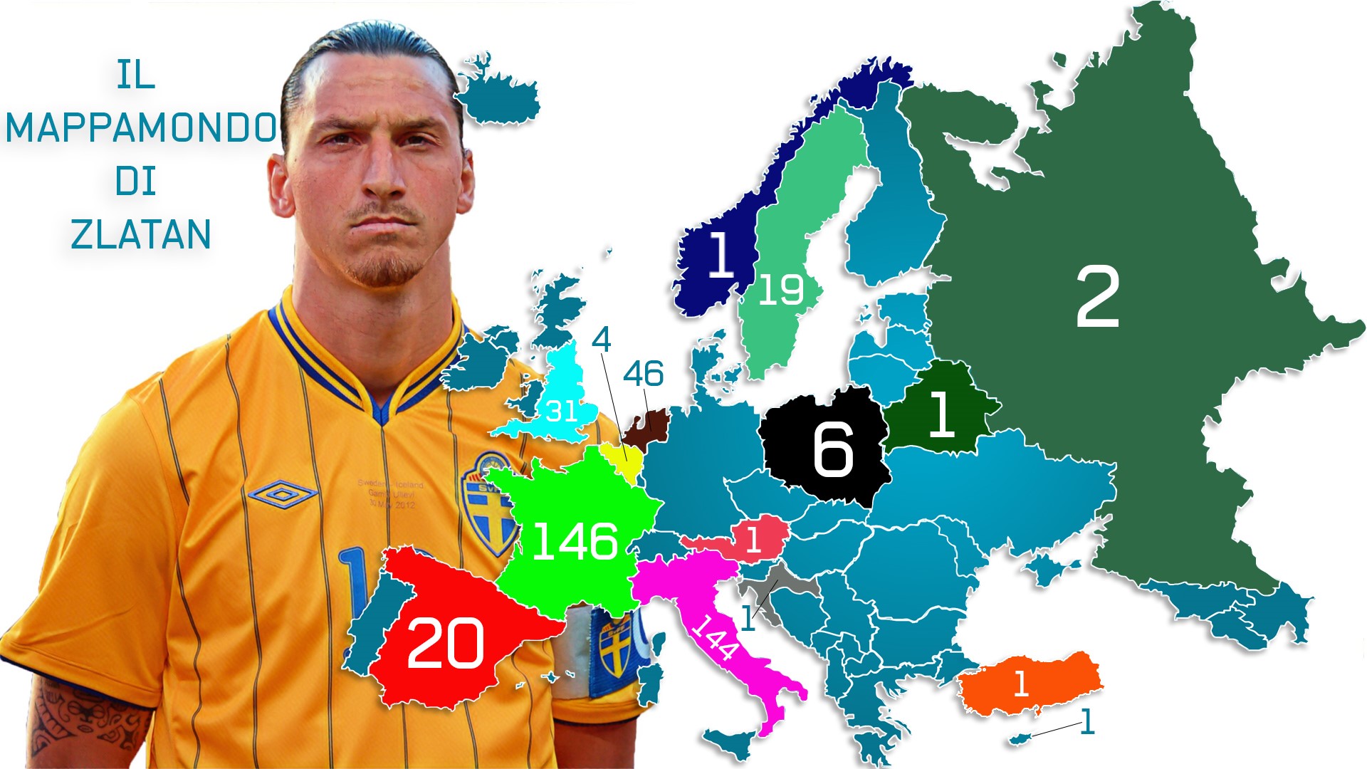 Tutti i gol europei di Ibrahimovic, paese per paese: illustrazione di Christoffer Eriksson