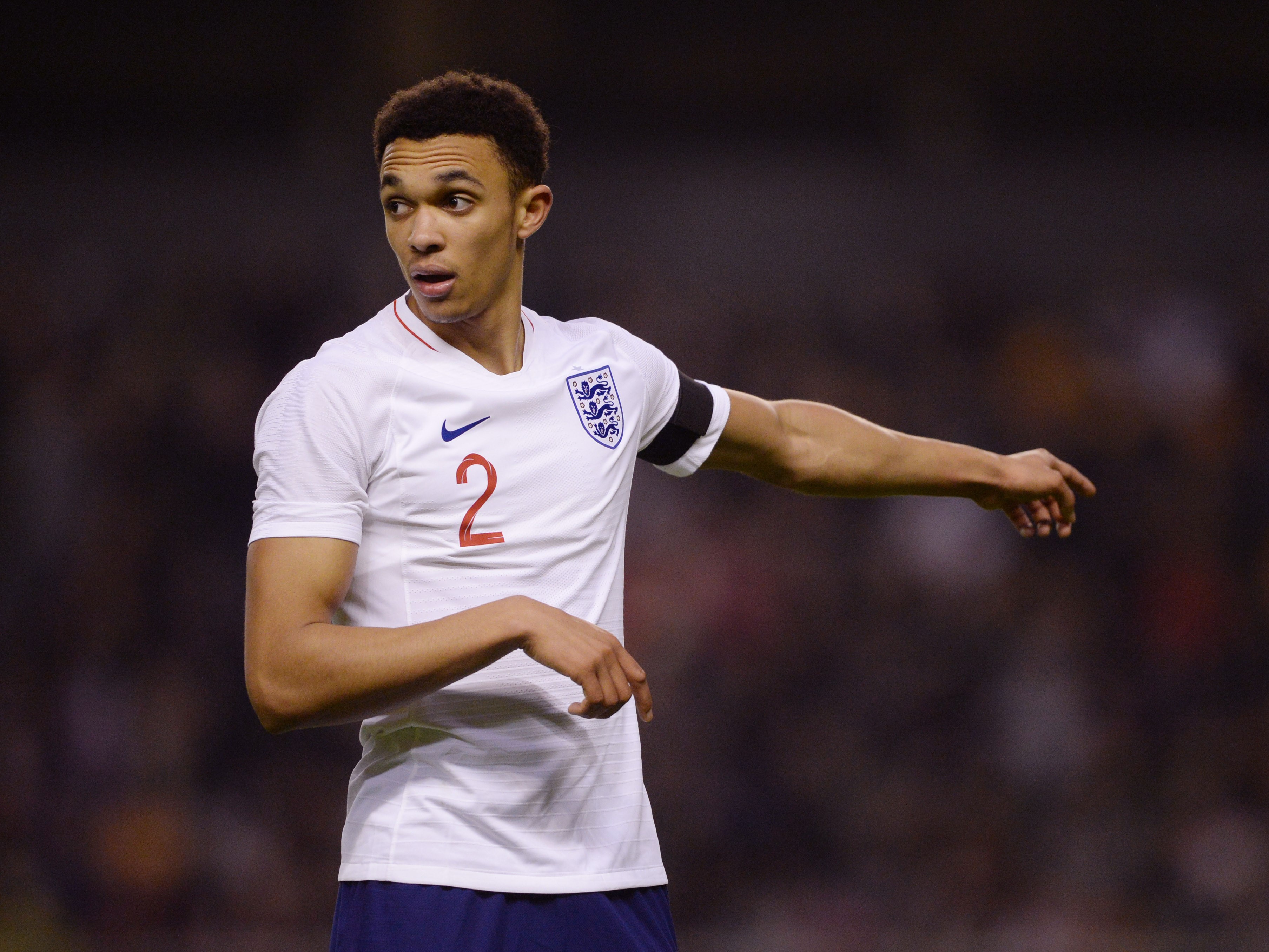 Trent Alexander-Arnold of England U21 looks on during the international friendly match between England U21 and Romania U21 at Molineux on March 24, 2018 in Wolverhampton, England