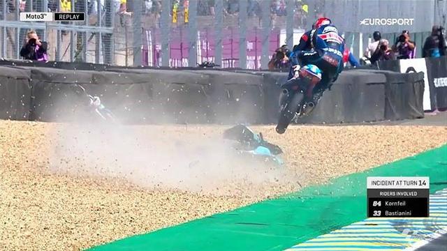 Bastianini chute, Kornfeil passe par-dessus sans tomber ! Bastianini chute, Kornfeil passe par-dessus sans tomber !