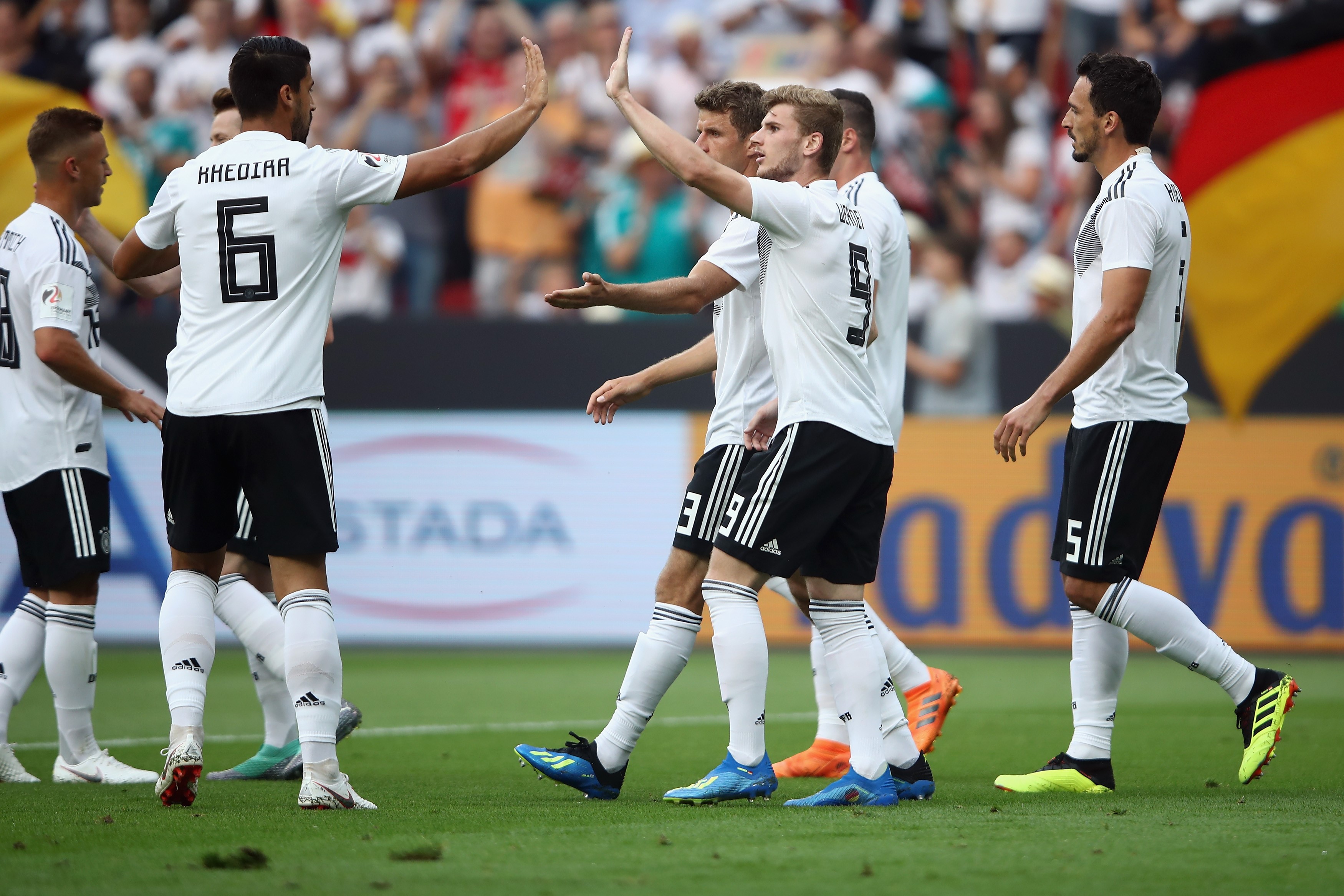 Timo Werner #9 of Germany celebrates his team's first goal with team mates during the international friendly match between Germany and Saudi Arabia ahead of the FIFA World Cup Russia 2018