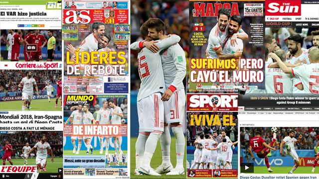 Las portadas recogen el agónico triunfo de España ante Irán: 'Sufrimiento, infarto, sin convencer' Las portadas recogen el agónico triunfo de España ante Irán: 'Sufrimiento, infarto, sin convencer'
