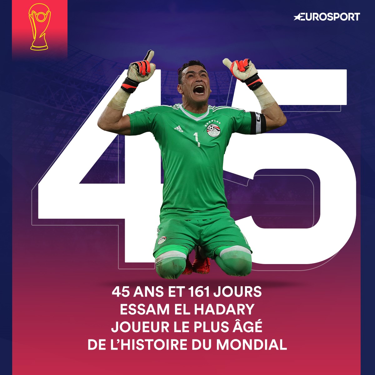 A 45 ans et 161 jours, l'Egyptien Essam El Hadary est devenu le joueur le plus âgé à disputer un match de Coupe du monde, le 25 juin 2018 contre l'Arabie saoudite.