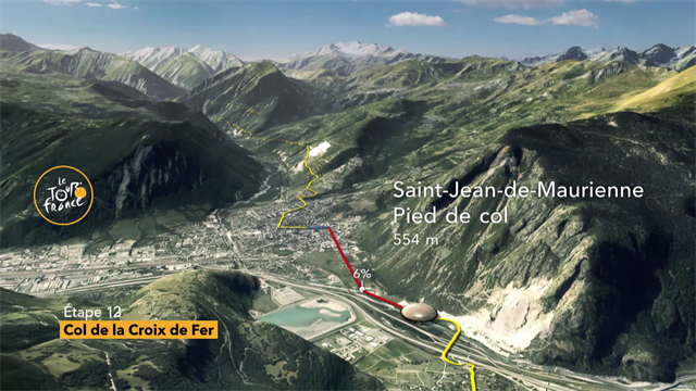 Tour-Berge, 12. Etappe: Der Col de la Croix de Fer (HC) im 3D-Profil Tour-Berge, 12. Etappe: Der Col de la Croix de Fer (HC) im 3D-Profil