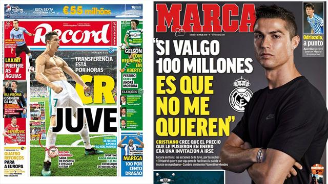 Edicola: Cristiano Ronaldo-Juventus, l'annuncio è questione di ore. Il Real Madrid l'ha scaricato