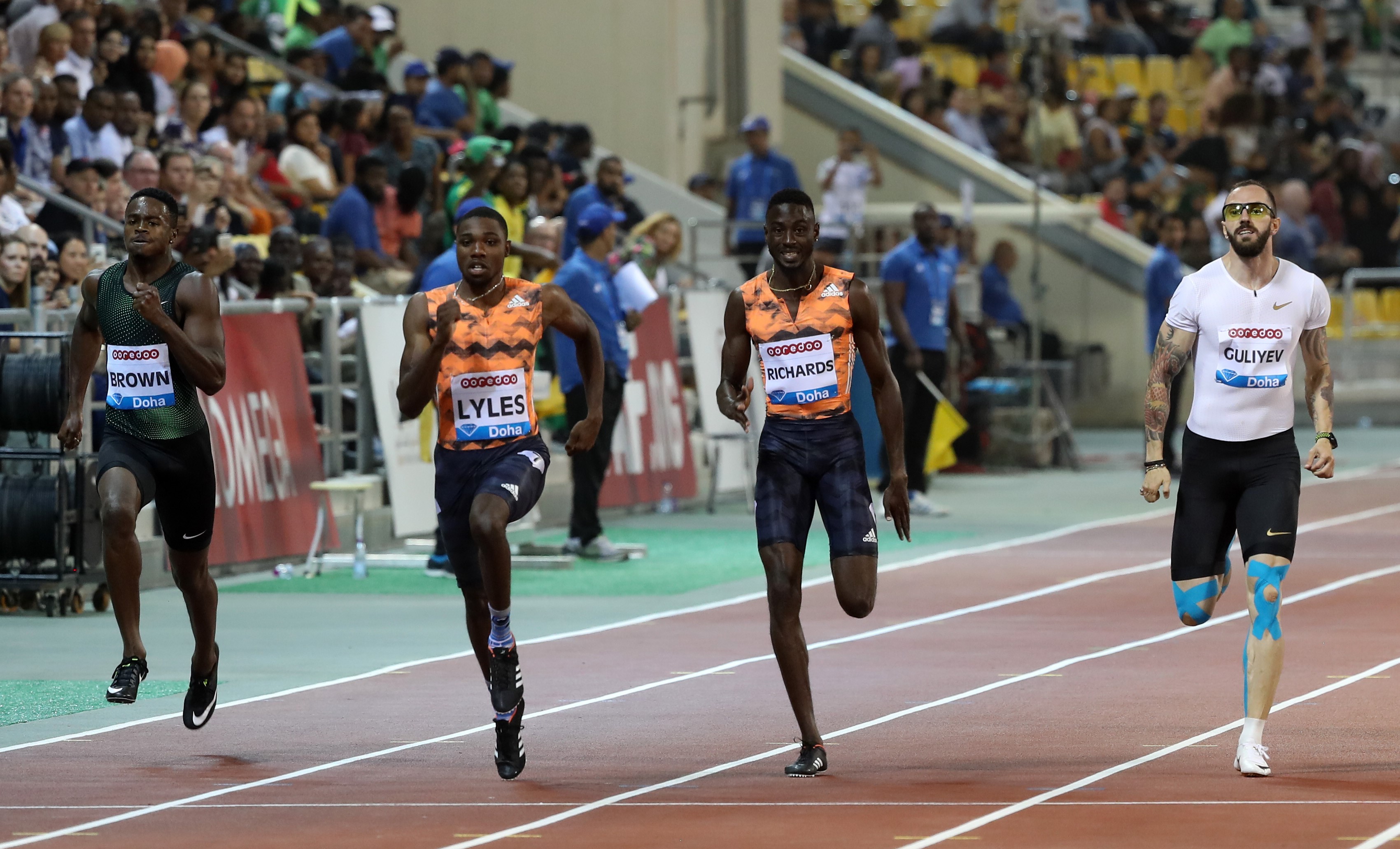Aaron Brown, Noah Lyles, Jereem Richards, Ramil Guliyev au meeting de Doha 2018