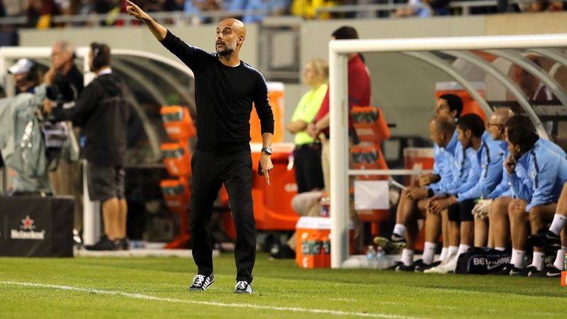 Head coach Pep Guardiola of Manchester City calls out during an International Champions Cup match against the Borussia Dortmund at Soldier Field on July 20, 2018 in Chicago, Illinois.