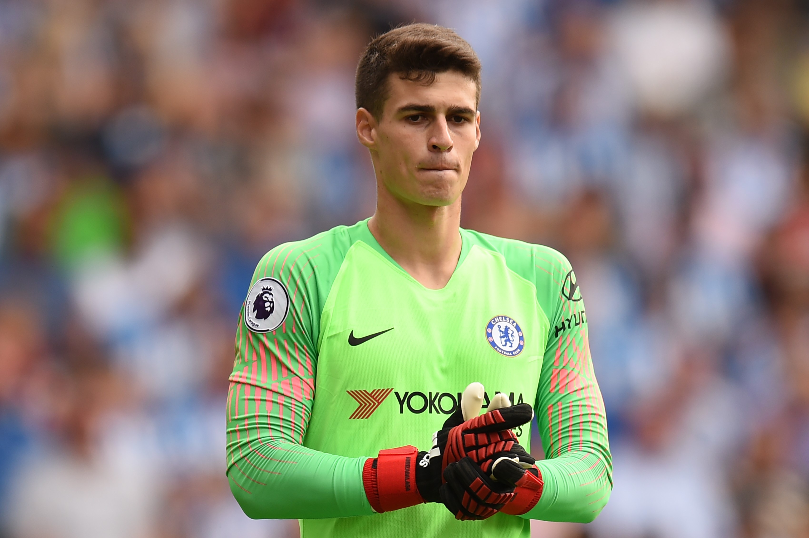 Chelsea's Spanish goalkeeper Kepa Arrizabalaga looks on during the English Premier League football match between Huddersfield Town and Chelsea at the John Smith's stadium in Huddersfield, northern England on August 11, 2018