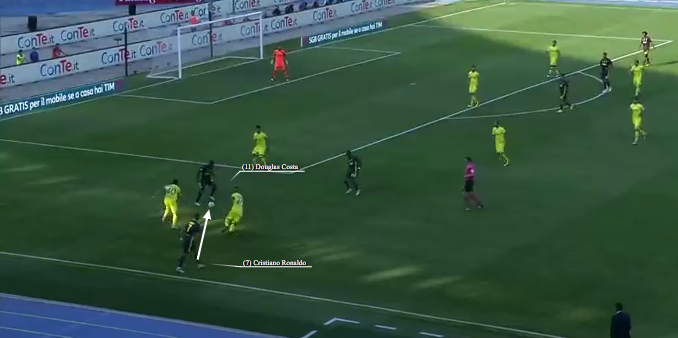 Cristiano Ronaldo si allarga a sinistra e serve Douglas Costa