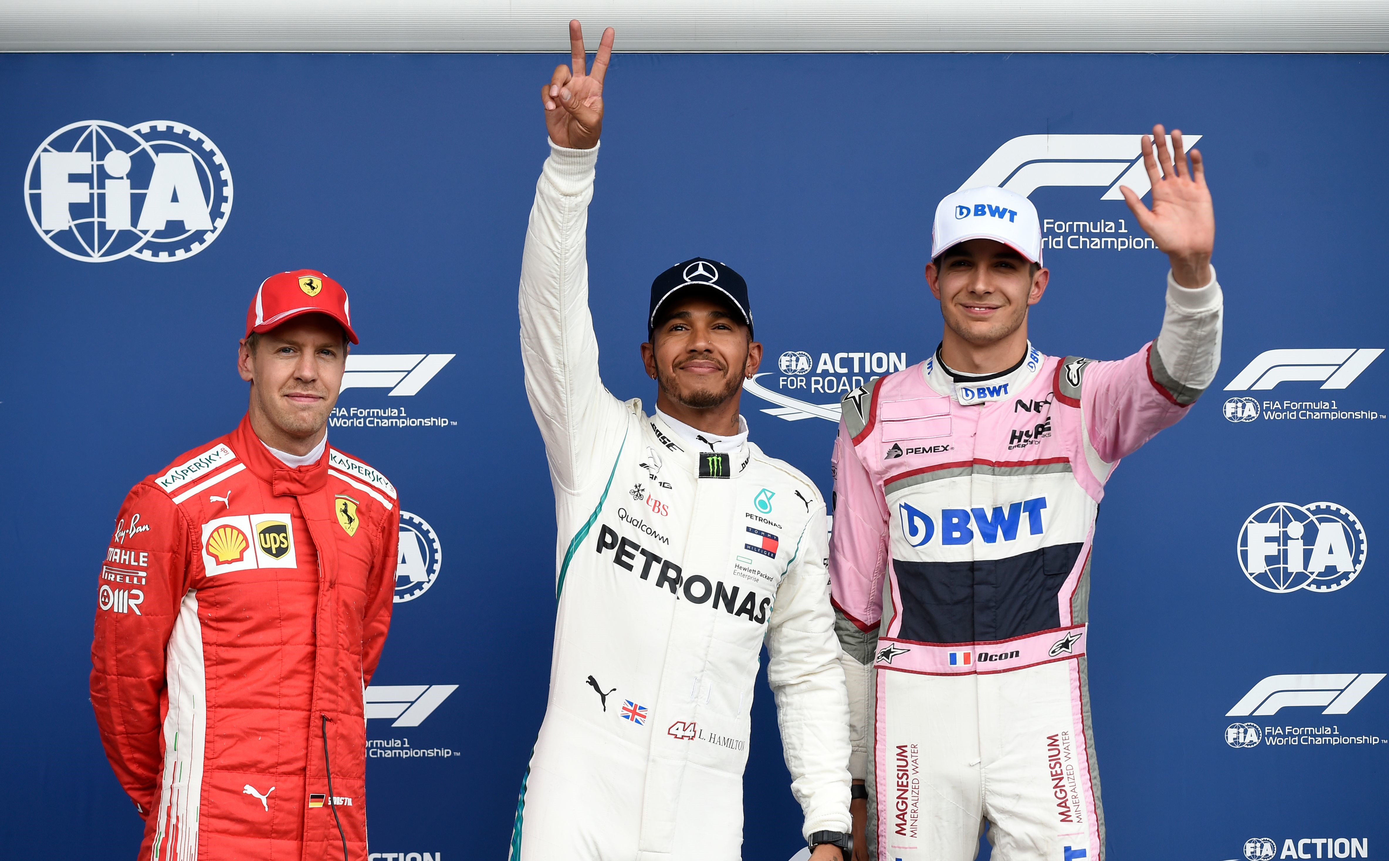 Lewis Hamilton (Mercedes), Sebastian Vettel (Ferrari) et Ocon (Force India) au Grand Prix de Belgique 2018