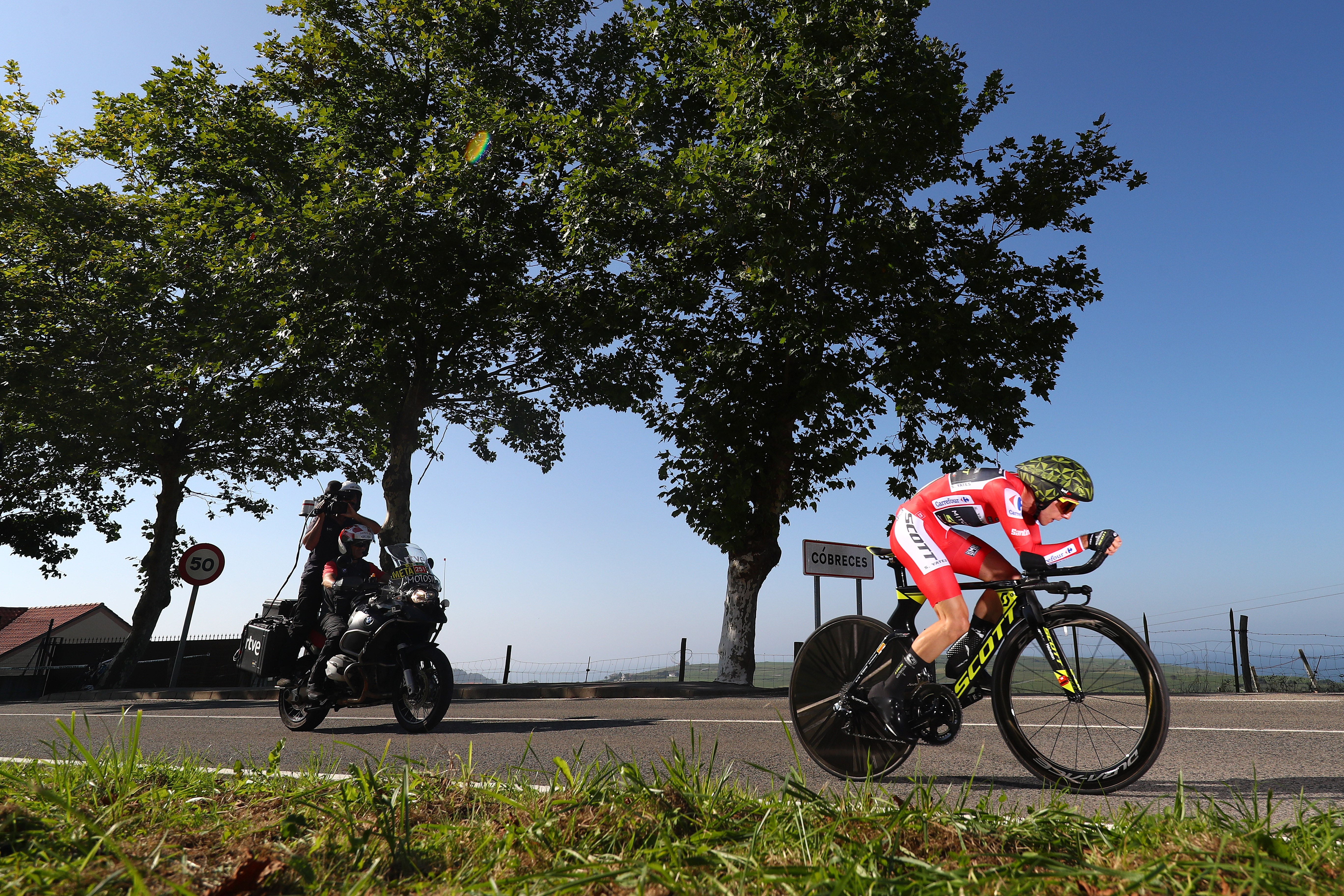 Simon Yates of Great Britain and Team Mitchelton-Scott Red Leader Jersey / Cobreces Village / Cantabrico sea / during the 73rd Tour of Spain 2018, Stage 16 a 32km Individual Time Trial stage from Santillana del Mar to Torrelavega