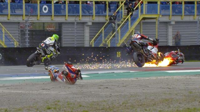 Scary crash for Bridewell and Linfoot ends with bikes in flames Scary crash for Bridewell and Linfoot ends with bikes in flames
