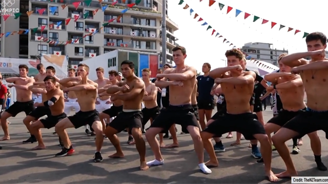 New Zealand greet triathle Dylan McCullough with a Haka New Zealand greet triathle Dylan McCullough with a Haka