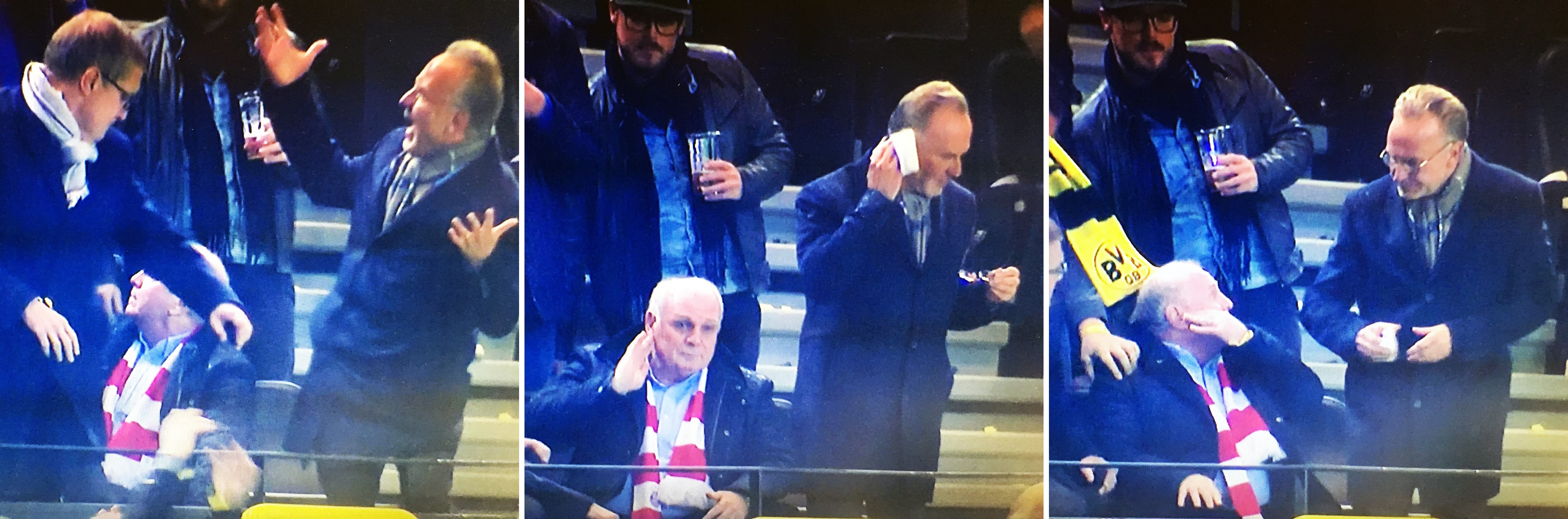 Bierdusche für Uli Hoeneß und Karl-Heinz Rummenigge (Screenshots von Sky)