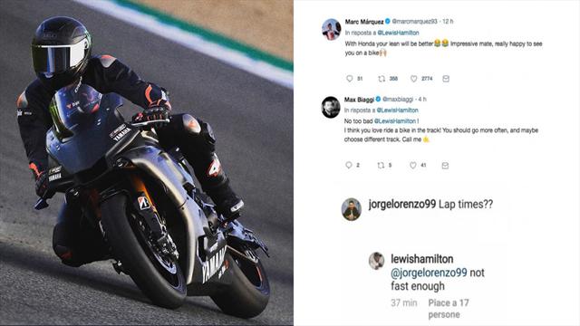 "Piego bene?". Marquez, Biaggi e Lorenzo aiutano Hamilton nel suo test sulla moto