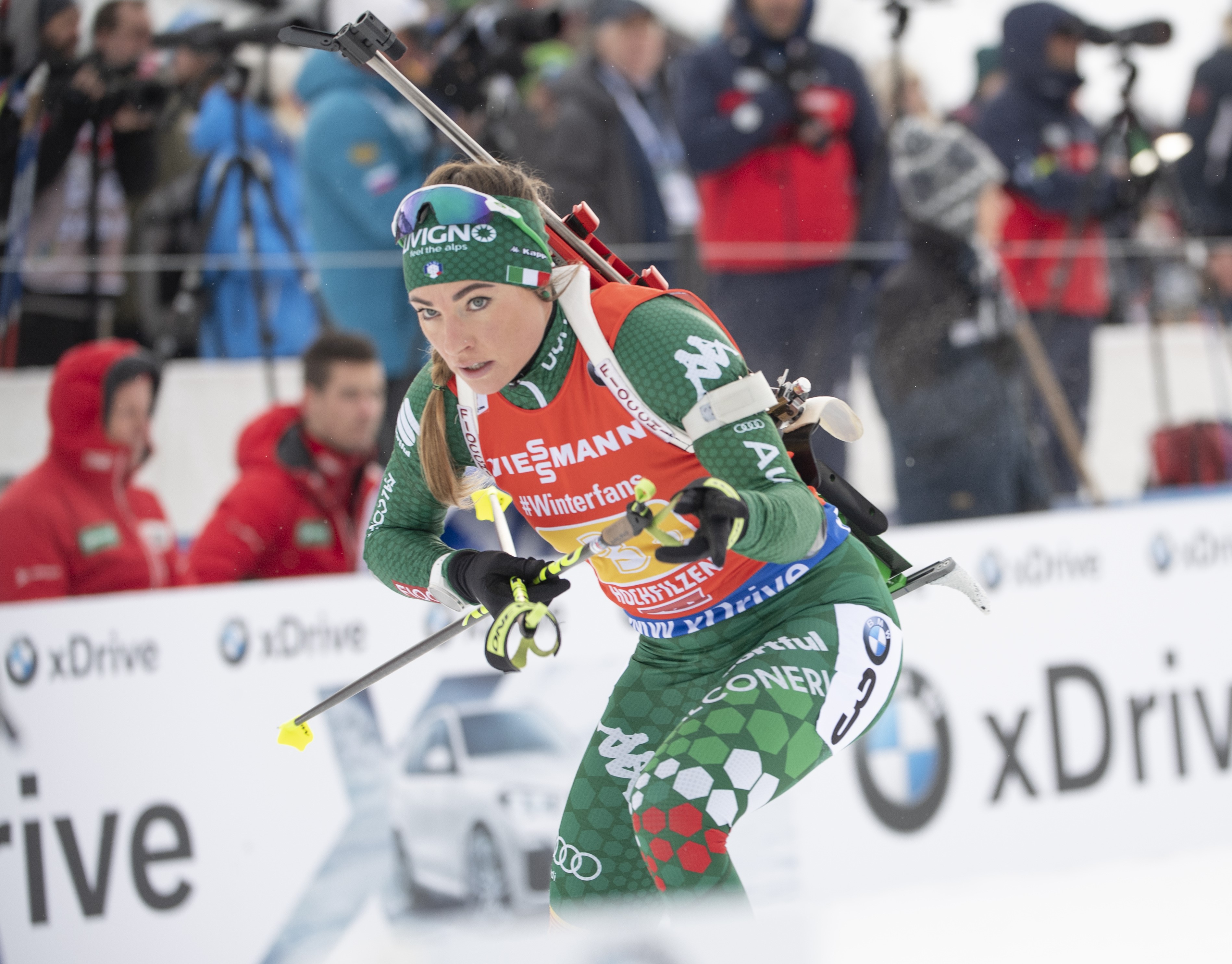 Dorothea Wierer of Italy competes during the women's 4x6 km relay event of the IBU Biathlon World Cup in Hochfilzen, Austria on December 16, 2018.