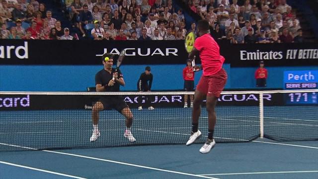 Tiafoe volleys ball into Federer's face Tiafoe volleys ball into Federer's face