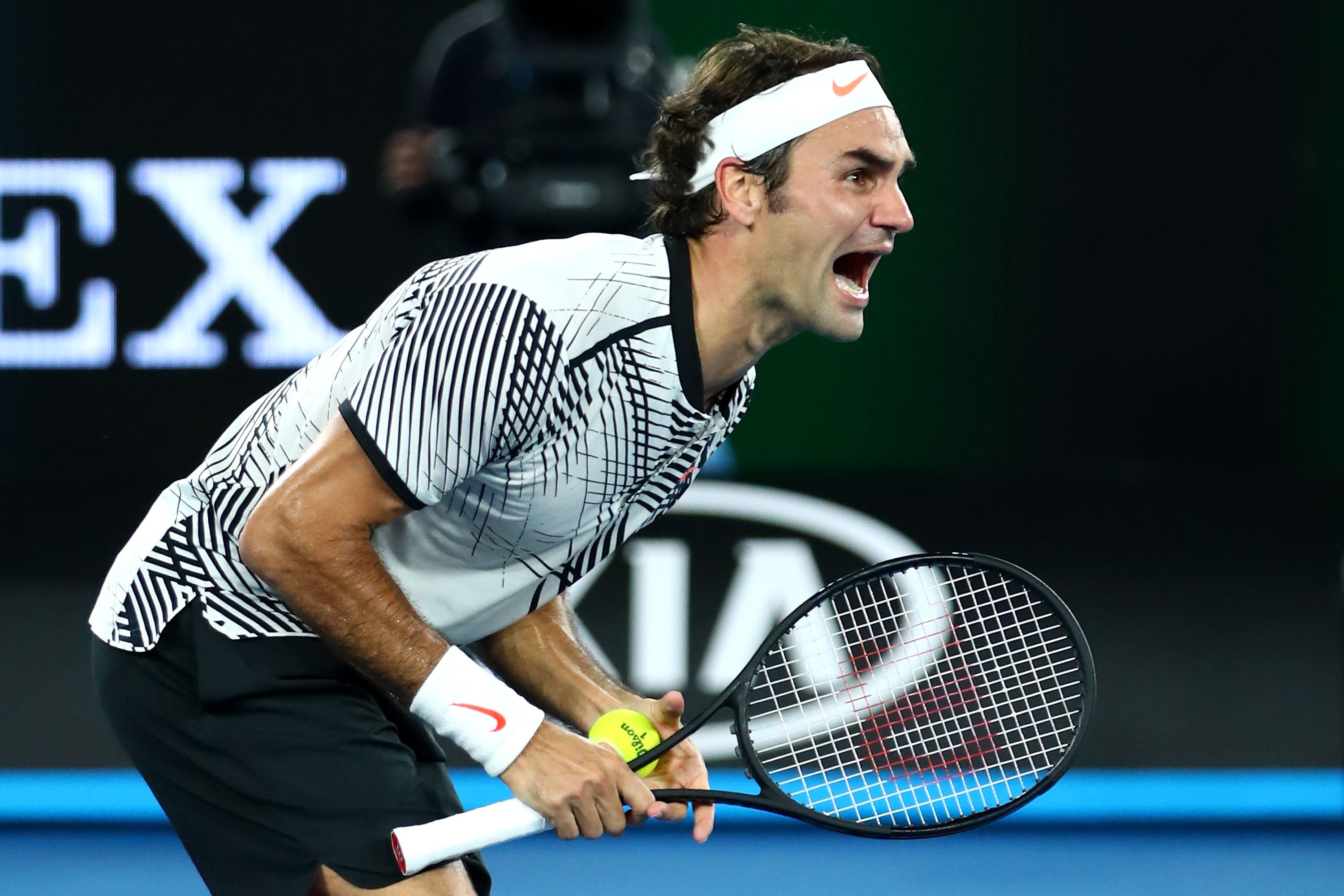 Roger Federer of Switzerland celebrates winning championship point in his Men's Final match against Rafael Nadal of Spain on day 14 of the 2017 Australian Open at Melbourne Park on January 29, 2017 in Melbourne, Australia.