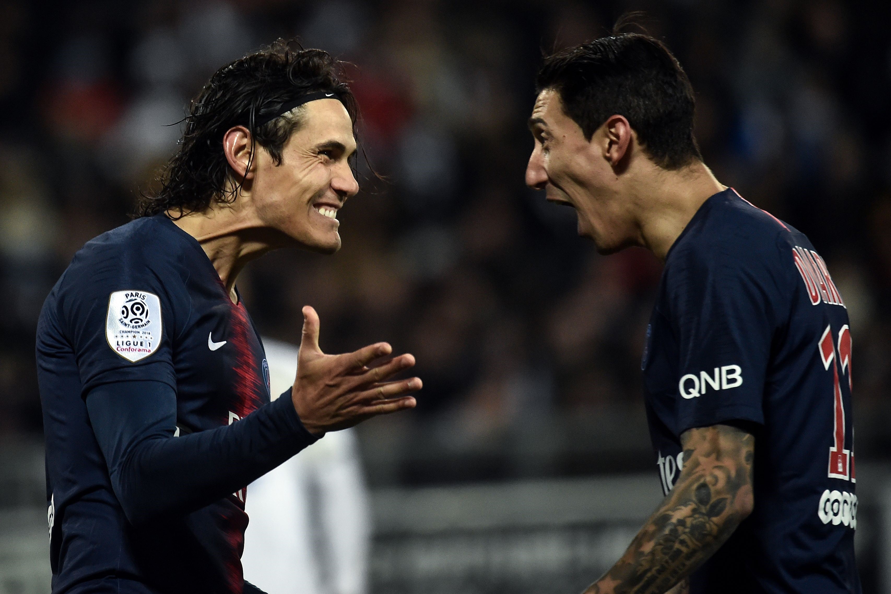 Edinson Cavani et Angel Di Maria lors de Amiens - PSG en Ligue 1 le 12 janvier 2019