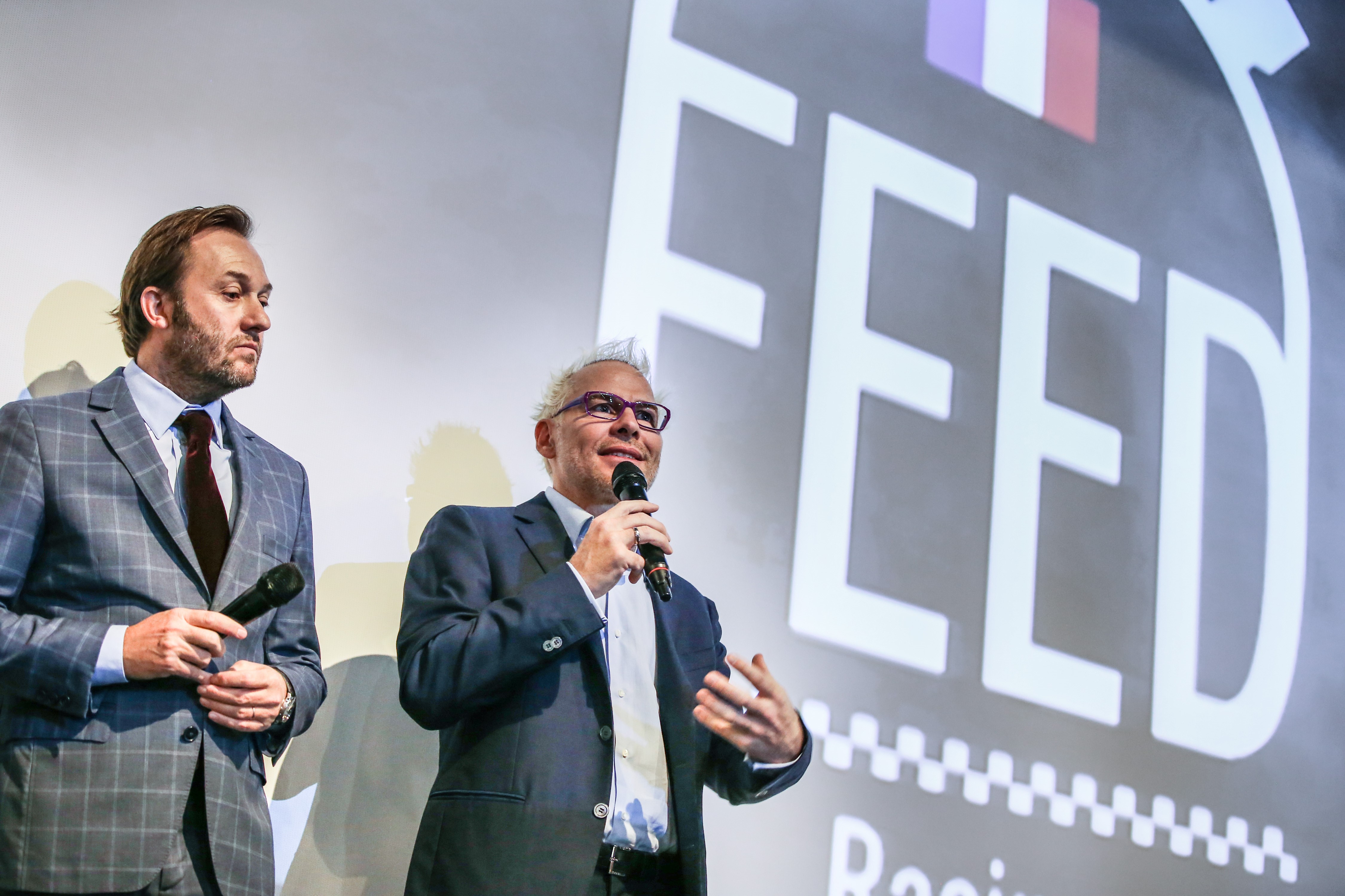Jacques Villeneuve et Patrick Lemarié lors de la présentation de Feed Racing à Paris, le 15 janvier 2019