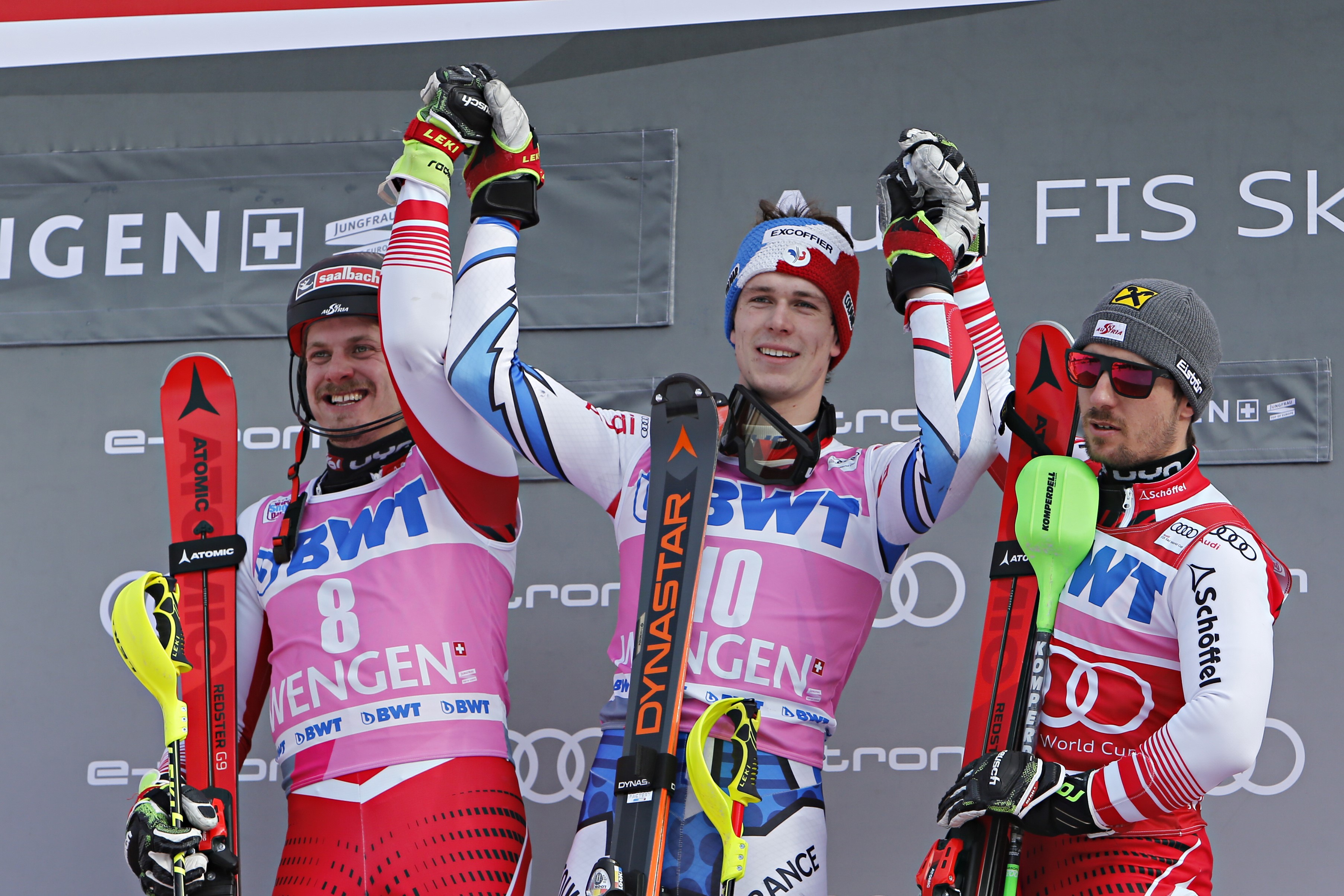 : Manuel Feller of Austria takes 3rd place, Clement Noel of France takes 1st place, Marcel Hirscher of Austria takes 3rd place during the Audi FIS Alpine Ski World Cup Men's Slalom on January 20, 2019 in Wengen