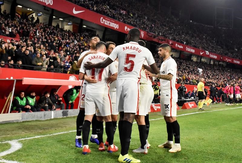 La joie des joueurs du Séville FC lors du 1/4 de finale de Copa del Rey face au FC Barcelone