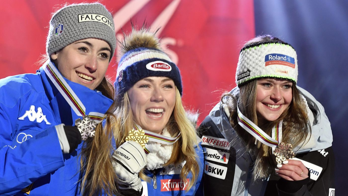 Mikaela Shiffrin of USA wins the gold medal, Sofia Goggia of Italy wins the silver medal, Corinne Suter of Switzerland wins the bronze medal during the FIS World Ski Championships Women's Super G on February 5, 2019 in Are Sweden