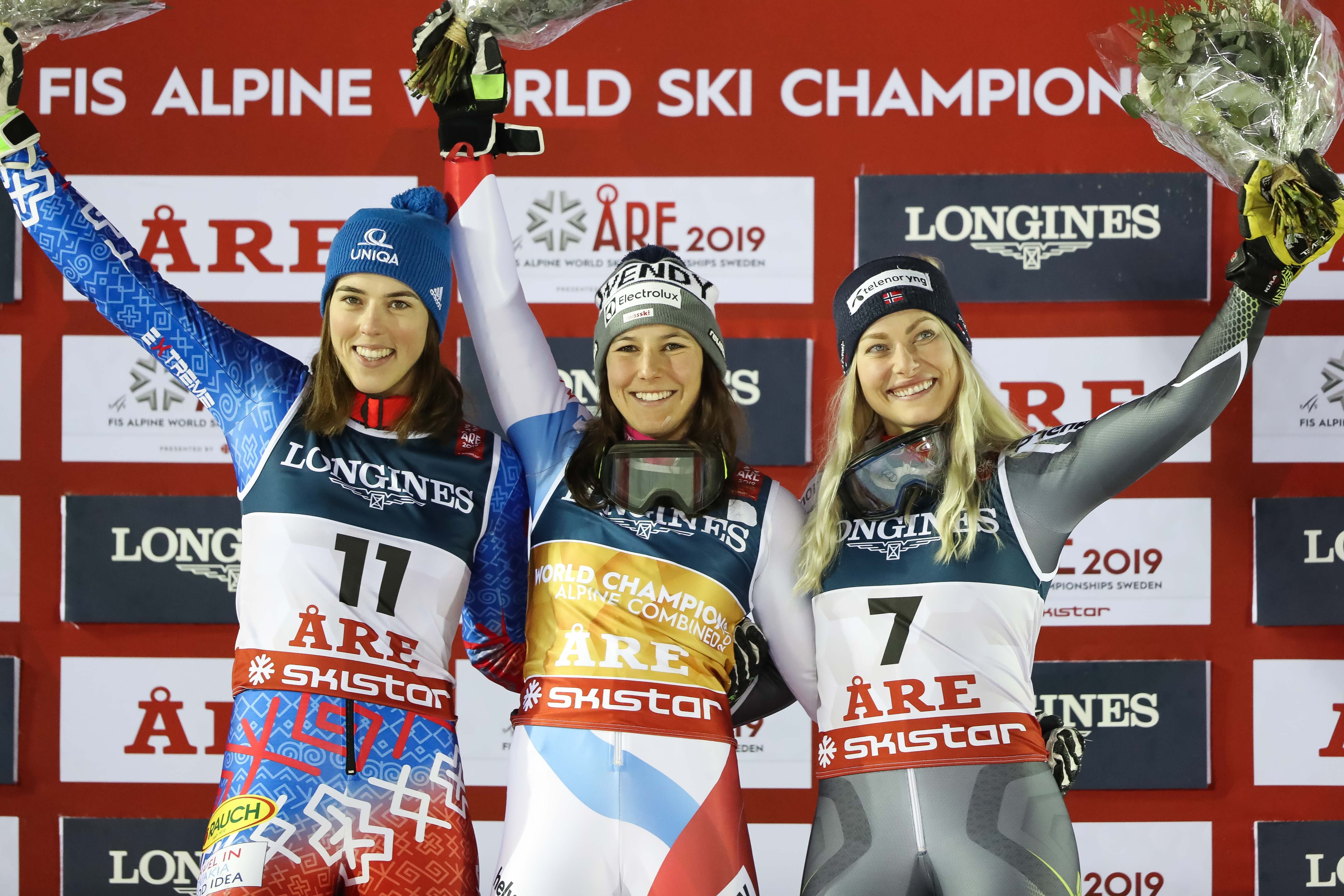 Petra Vlhova of Slovakia wins the silver medal, Wendy Holdener of Switzerland wins the gold medal, Ragnhild Mowinckel of Norway wins the bronze medal during the FIS World Ski Championships Women's Alpine Combined on February 8, 2019 in Are Sweden