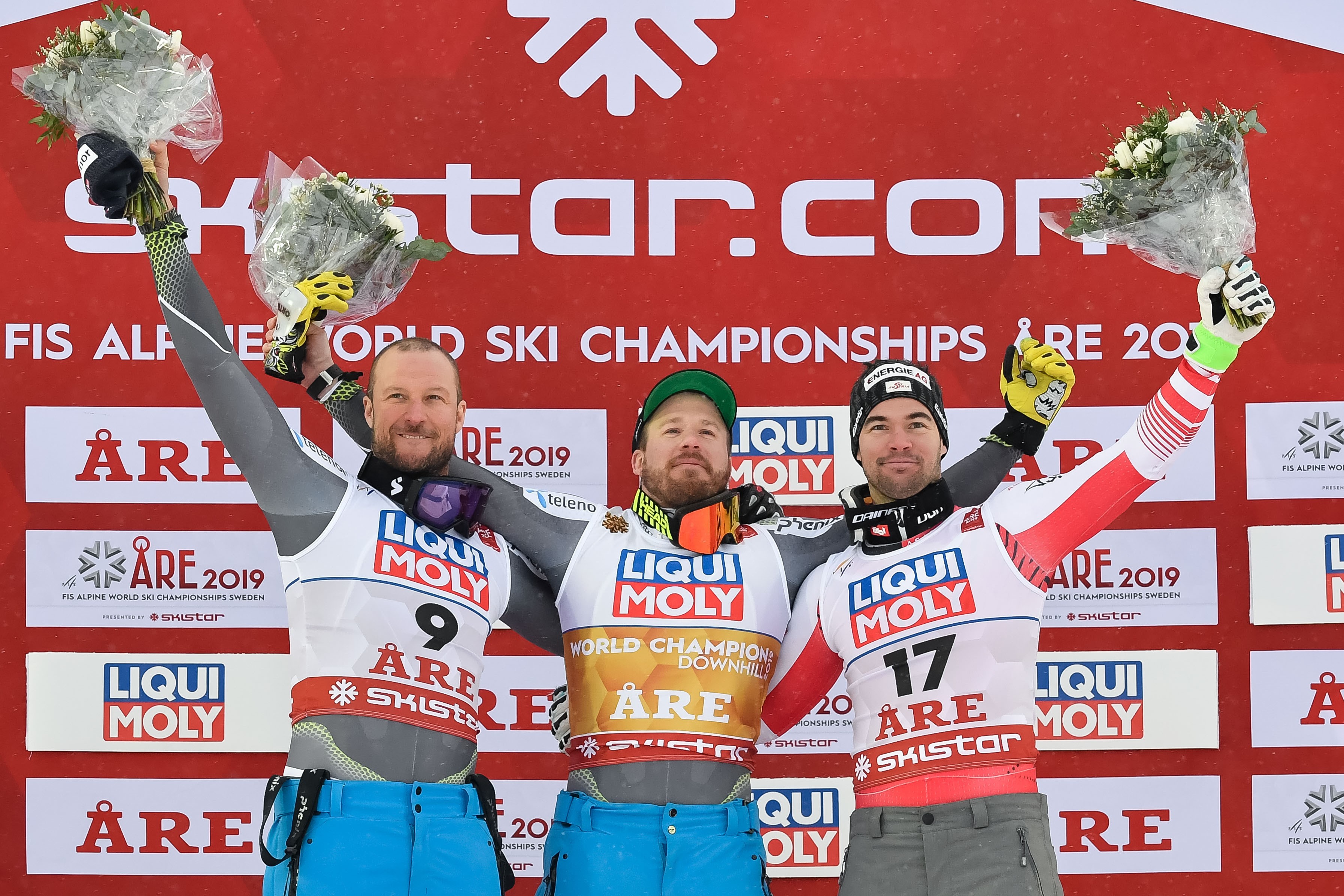 Aksel Lund Svindal of Norway wins the silver medal, Kjetil Jansrud of Norway wins the gold medal, Vincent Kriechmayr of Austria wins the bronze medal during the FIS World Ski Championships Men's Downhill on February 9, 2019 in Are Sweden.