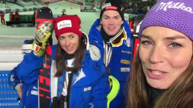 Tina Maze con gli Azzurri di Bronzo del Team Event: "Una gioia immensa" Tina Maze con gli Azzurri di Bronzo del Team Event: "Una gioia immensa"