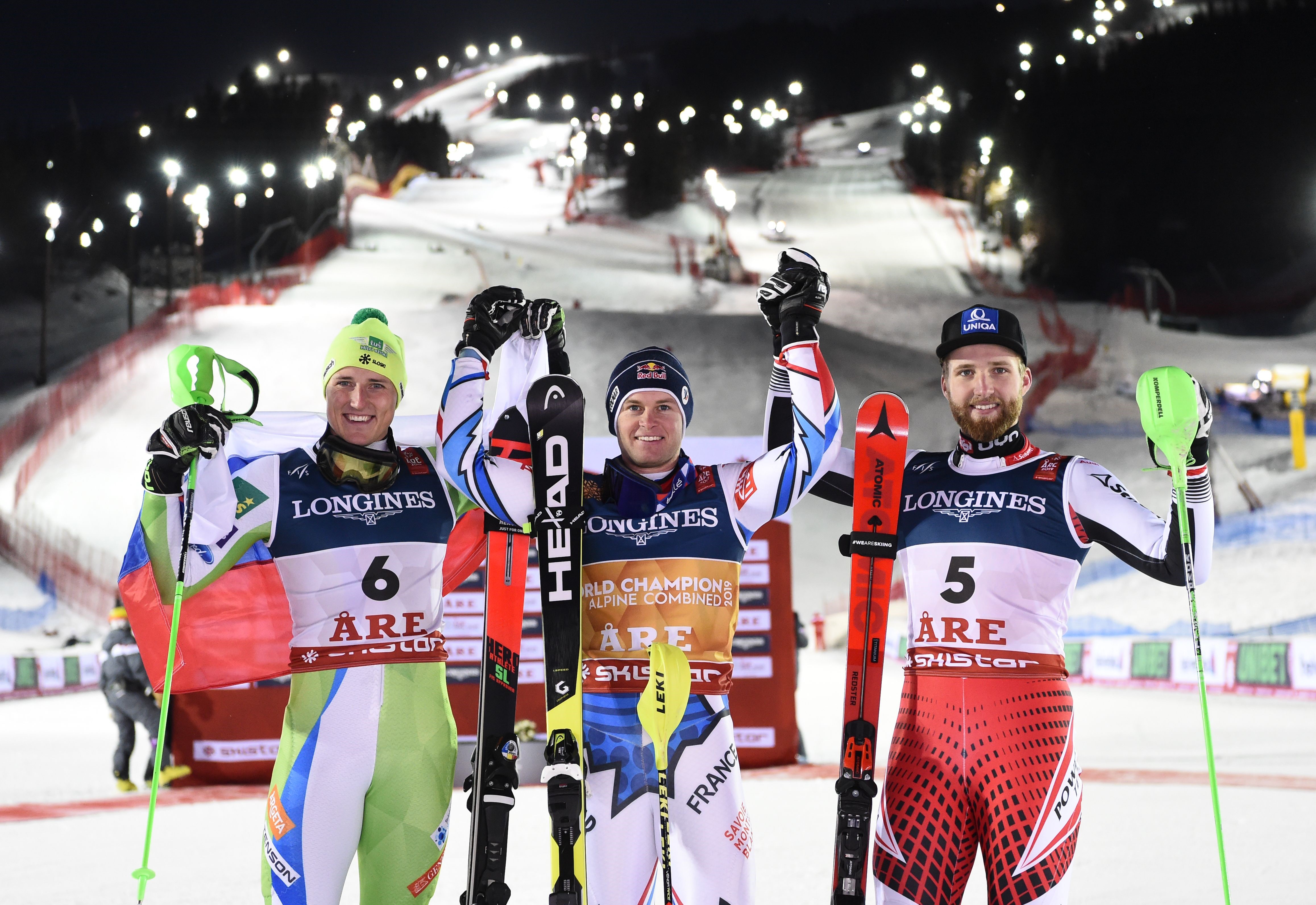 Alexis Pinturault of France wins the gold medal, Stefan Hadalin of Slovenia wins the silver medal, Marco Schwarz of Austria wins the bronze medal during the FIS World Ski Championships Men's Alpine Combined on February 11, 2019 in Are Sweden.