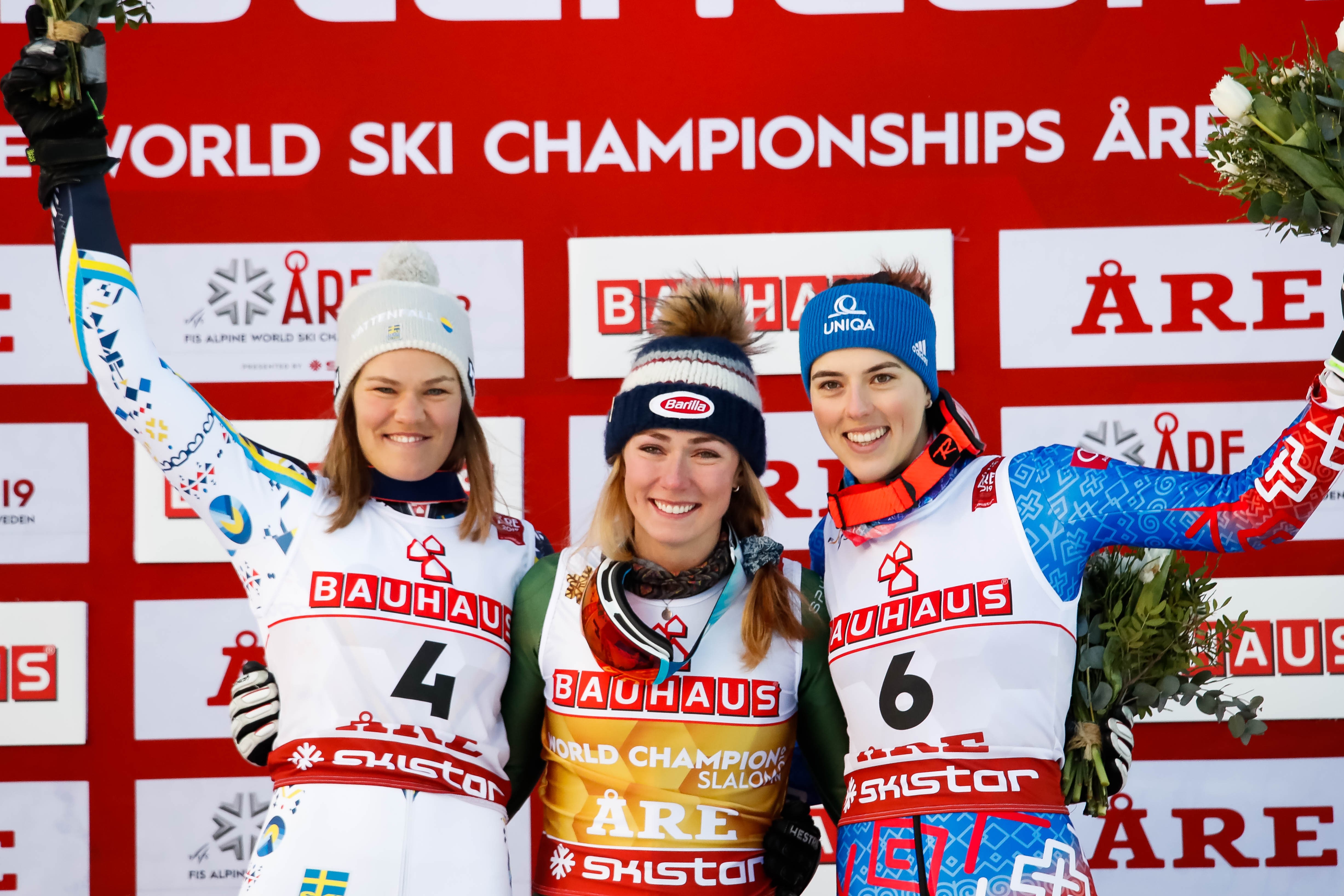 Anna Swenn Larsson of Sweden wins the silver medal, Mikaela Shiffrin of USA wins the gold medal, Petra Vlhova of Slovakia wins the bronze medal during the FIS World Ski Championships Women's Slalom on February 16, 2019 in Are Sweden.