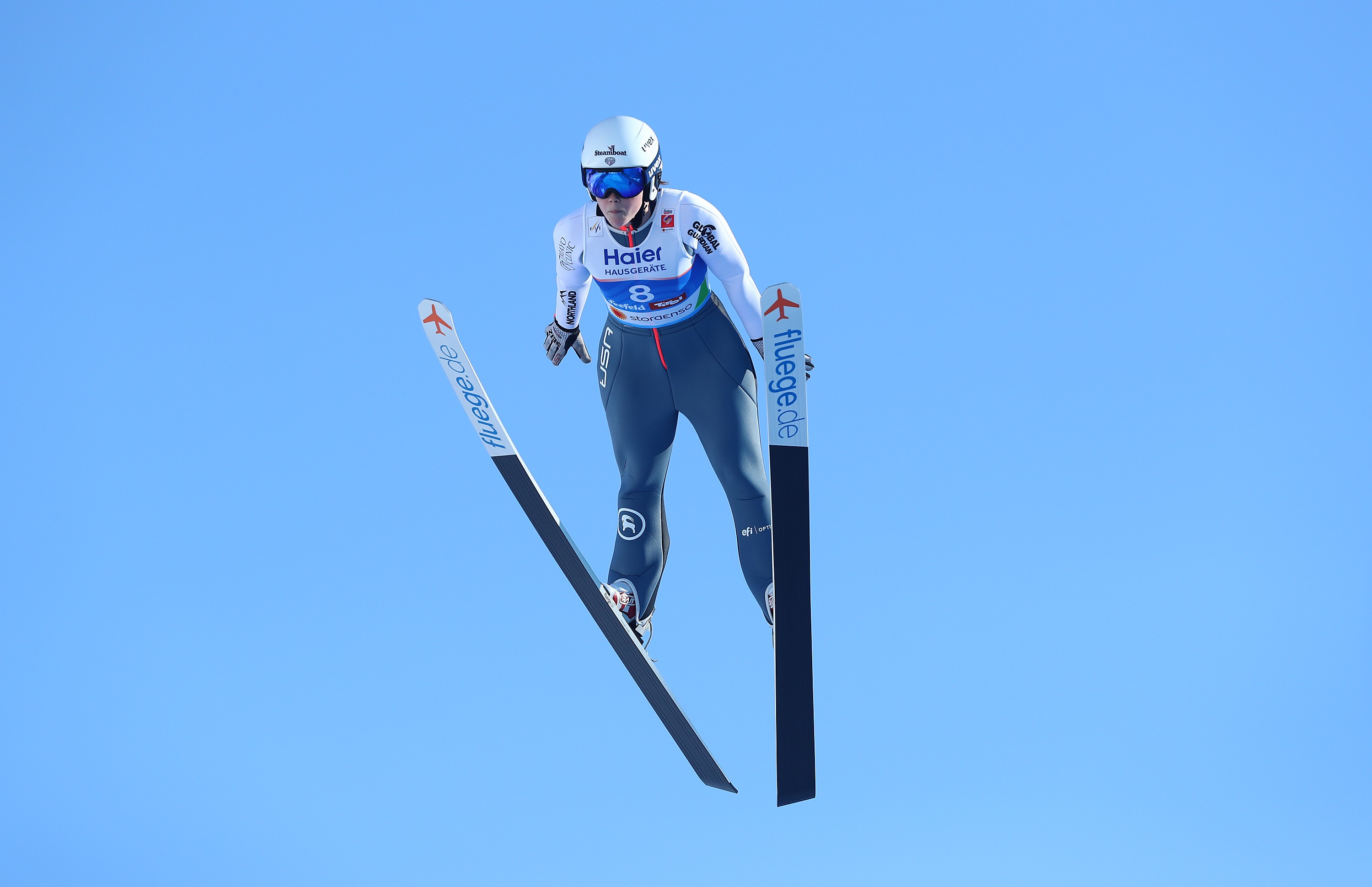 Logan Sankey of United States jumps during the qualification round of the HS109 women's ski jumping Competition of the FIS Nordic World Ski Championships at Toni Seelos Schanze on February 27, 2019 in Seefeld, Austria.