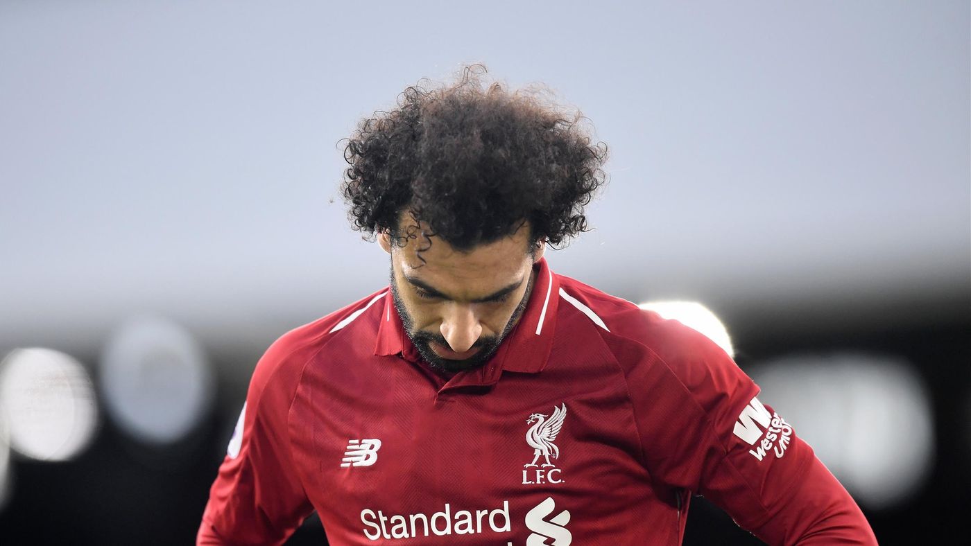 Mohamed Salah of Liverpool reacts during the Premier League match between Fulham FC and Liverpool FC at Craven Cottage on March 17, 2019 in London, United Kingdom.