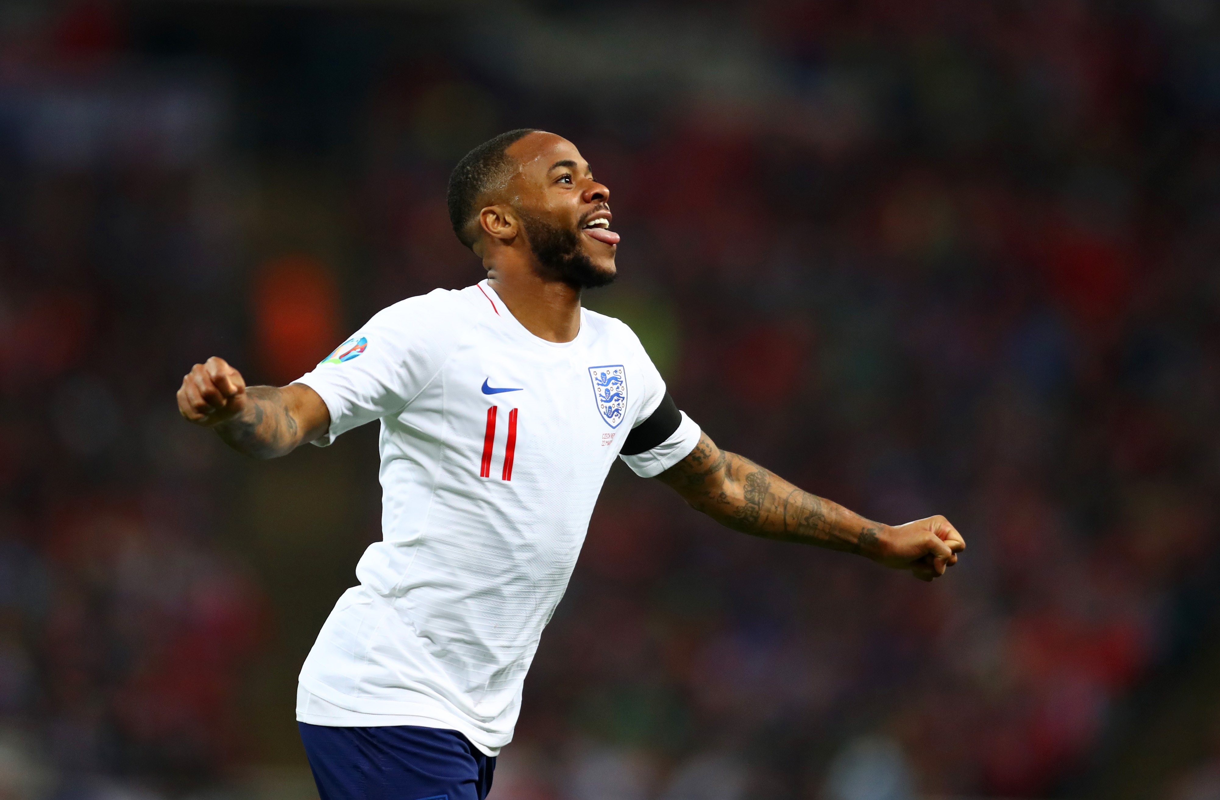 Raheem Sterling of England celebrates as he scores his team's fourth goal and completes his hat trick during the 2020 UEFA European Championships Group A qualifying match between England and Czech Republic at Wembley Stadium on March 22, 2019 in London,