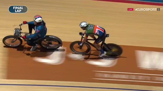 Bradbury and Dibben win 60 lap Derny Final B, celebrate a lap before finish Bradbury and Dibben win 60 lap Derny Final B, celebrate a lap before finish
