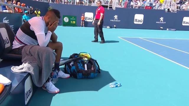 Kyrgios dice adiós a Miami con otro show: tweener, Gran Willy, bottle flip challenge y broma al juez