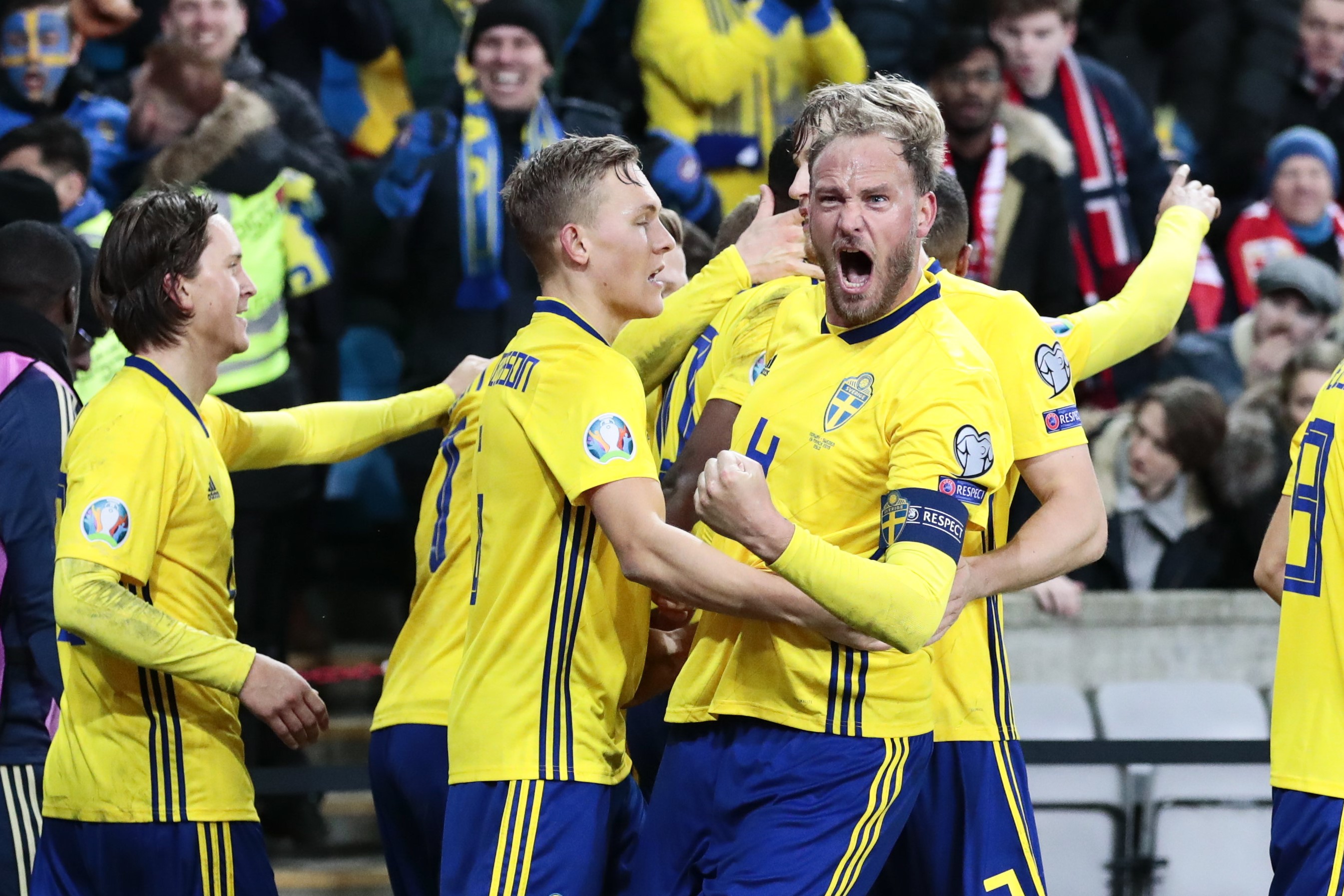 Sweden´s players celebrate scoring during the UEFA Euro 2020 qualifying football between Norway and Sweden in Oslo on March 26, 2019.