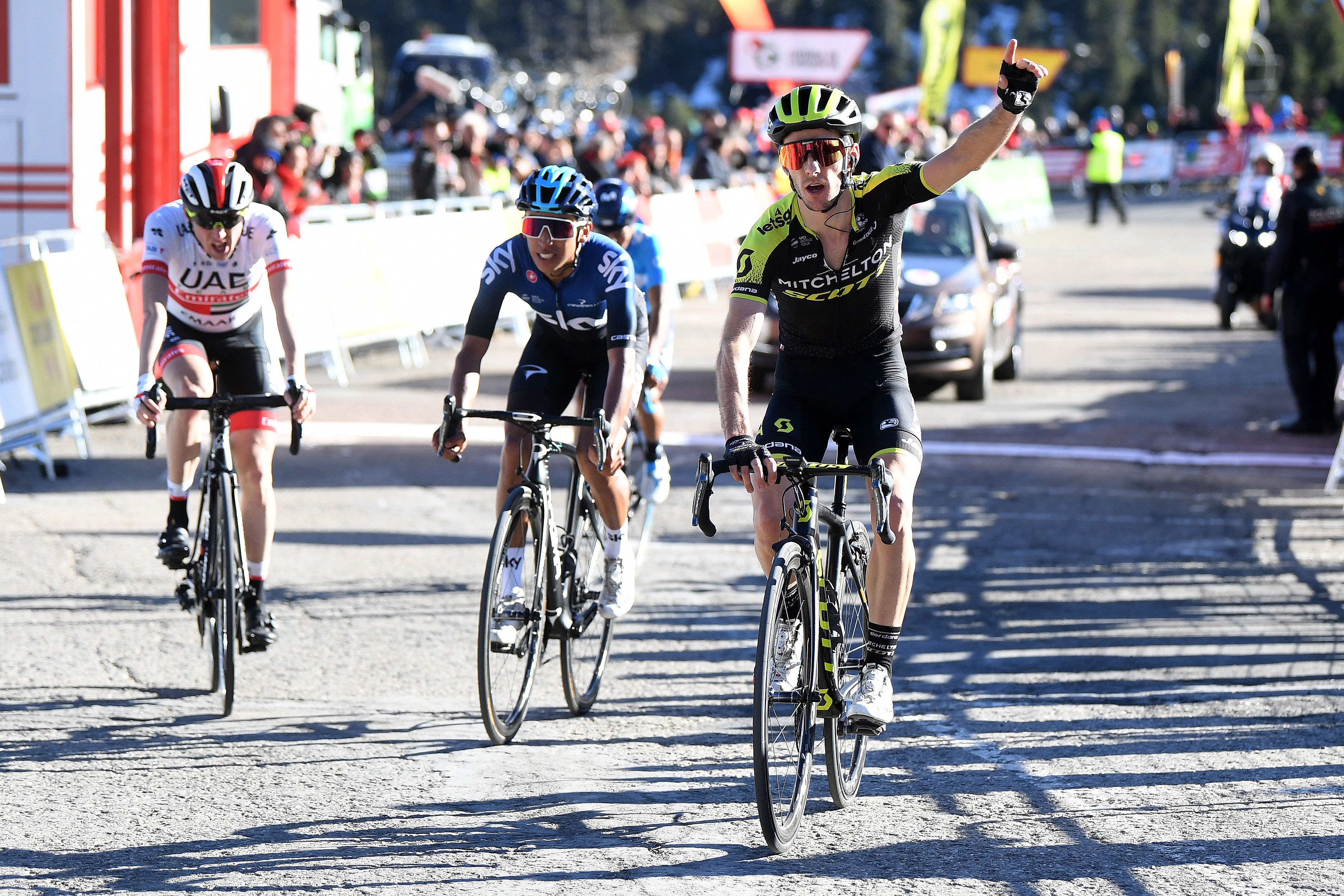 Adam Yates of United Kingdom and Team Mitchelton - Scott / Celebration / Egan Arley Bernal of Colombia and Team Sky / Daniel Martin of Ireland and Team UAE - Team Emirates /during the 99th Volta Ciclista a Catalunya 2019.