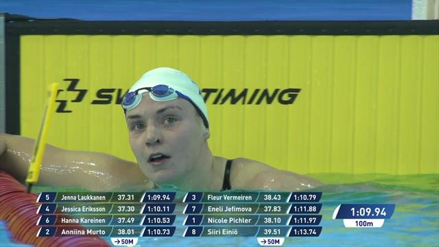 Laukkanen beats Eriksson by narrowest of margins in Women's 100m Breaststroke Laukkanen beats Eriksson by narrowest of margins in Women's 100m Breaststroke