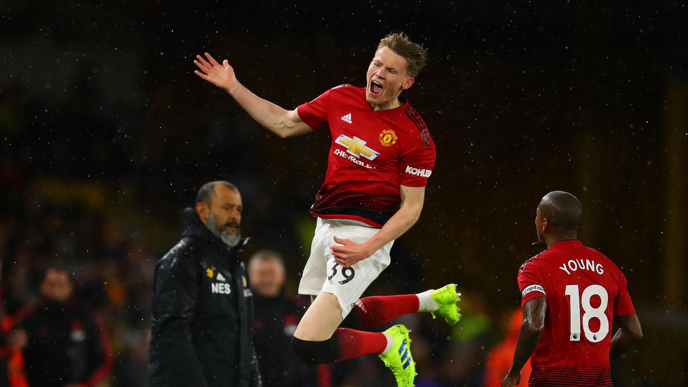 Scott McTominay of Manchester United celebrates scoring the opening goal during the Premier League match between Wolverhampton Wanderers and Manchester United at Molineux on April 02, 2019 in Wolverhampton, United Kingdom