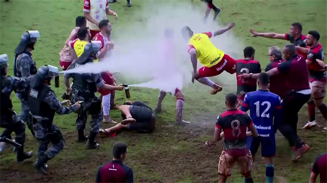 Players in brawl after cup match in Brazil Players in brawl after cup match in Brazil