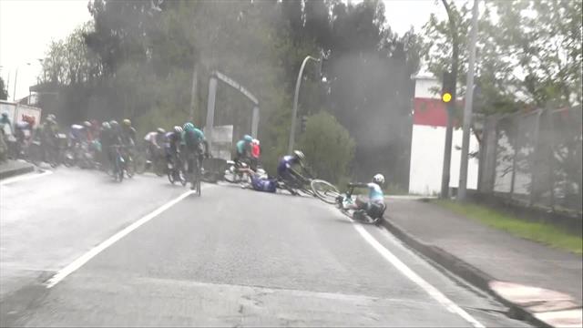 Lutsenko sparks multiple crashes on slippy corner Lutsenko sparks multiple crashes on slippy corner