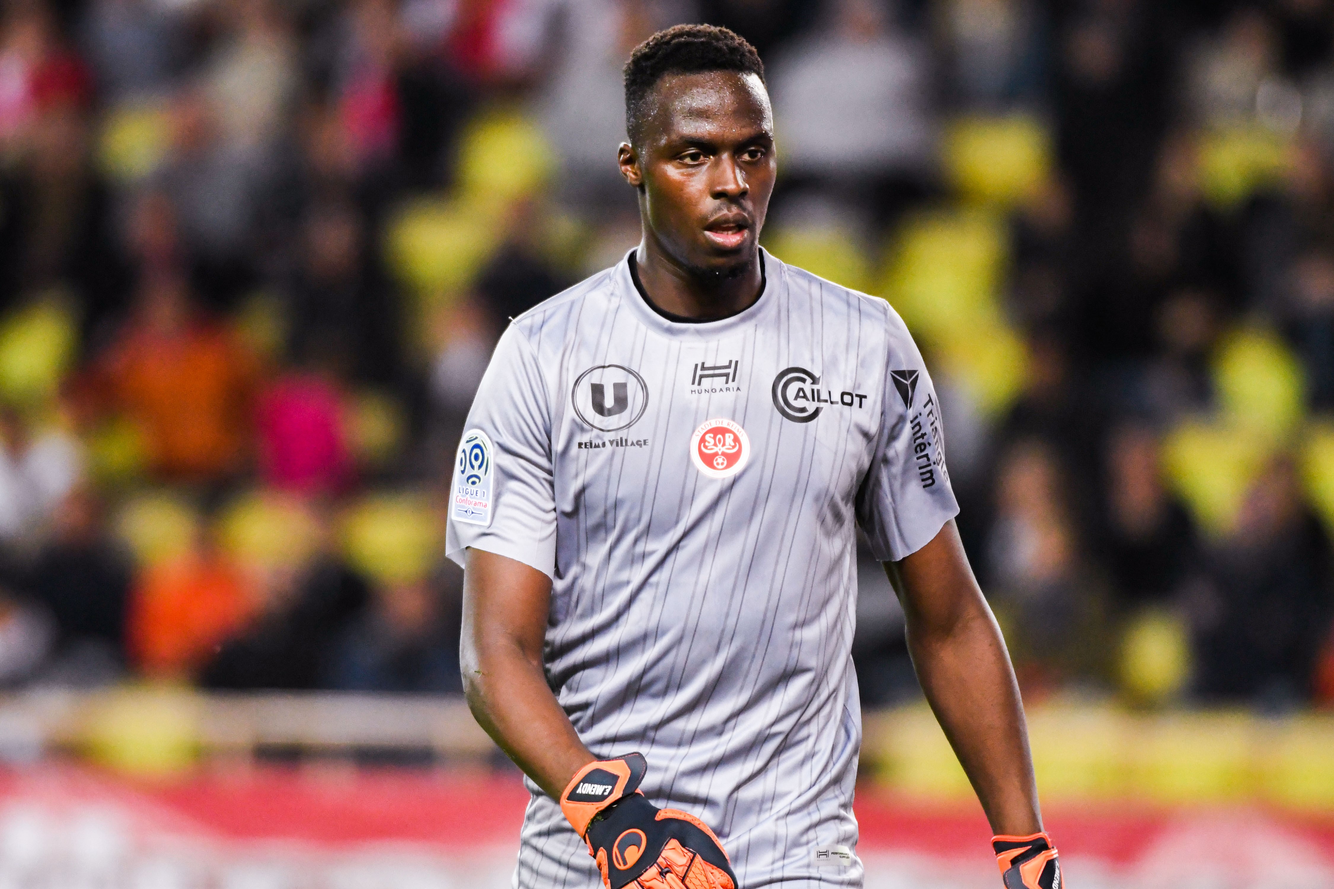 Edouard Mendy of Reims during the Ligue 1 match between Monaco and Reims at Stade Louis II on April 13, 2019 in Monaco, Monaco.