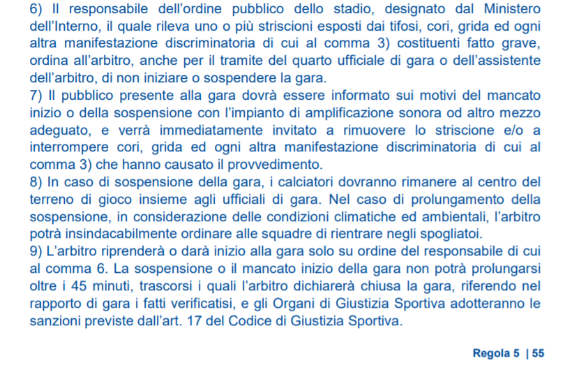 Razzismo - Regola 5 del regolamento giuoco calcio