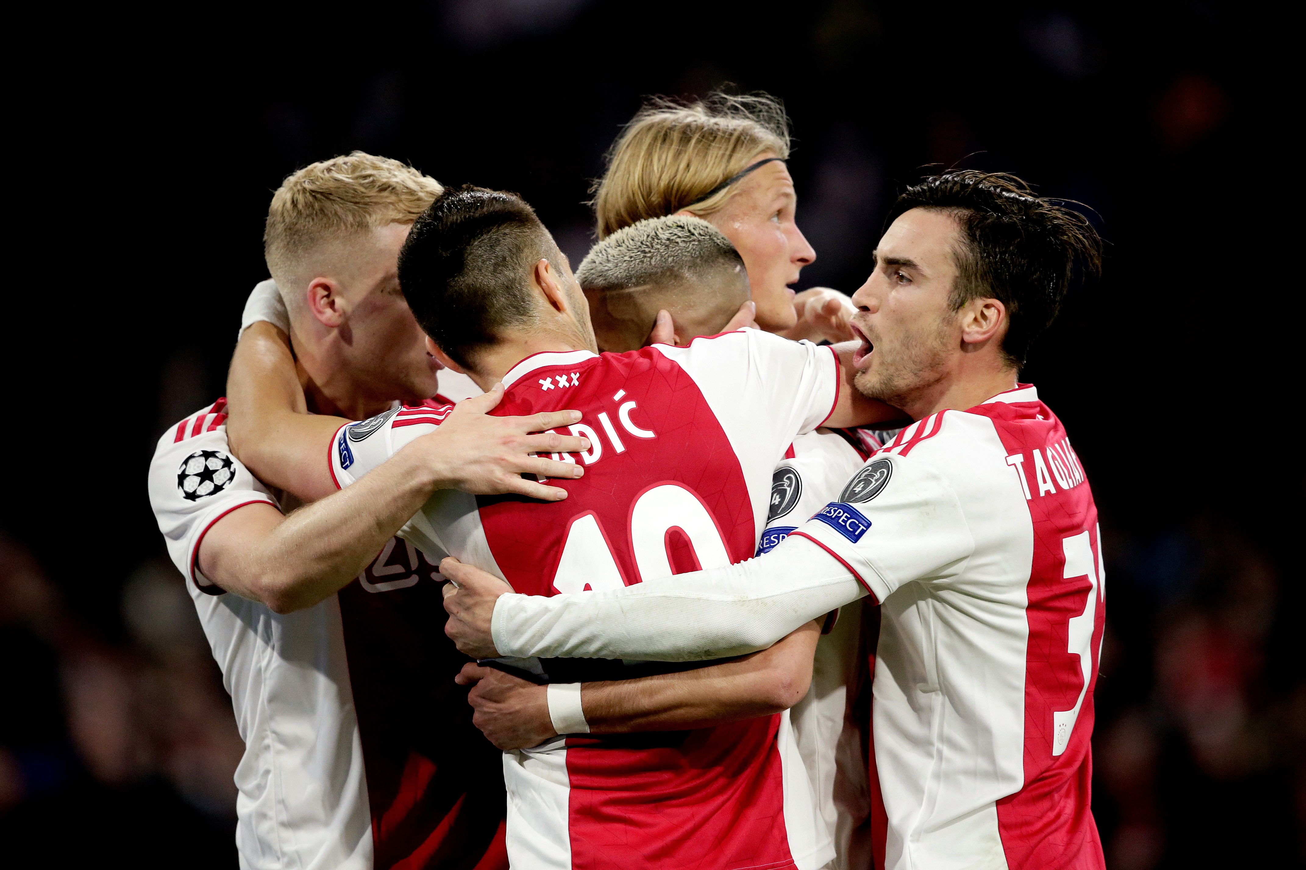 Donny van de Beek of Ajax, Dusan Tadic of Ajax, Hakim Ziyech of Ajax, Kasper Dolberg of Ajax, Nicolas Tagliafico of Ajax celebrate 2-0 during the UEFA Champions League match between Ajax v Tottenham Hotspur at the Johan Cruijff Arena on May 8, 2019 in Ams